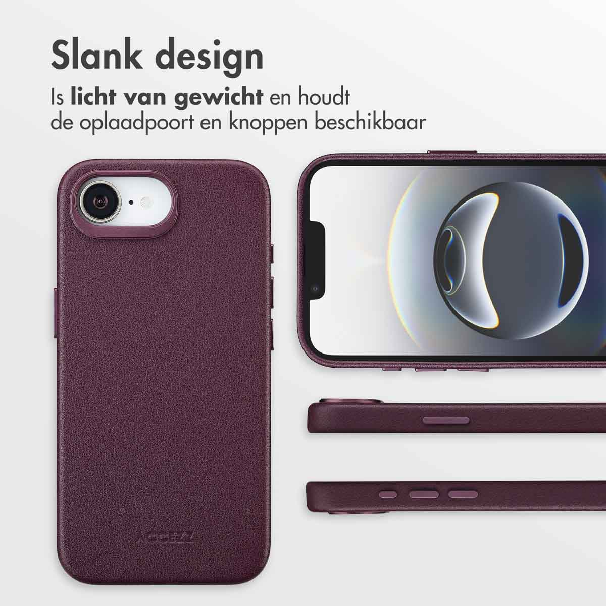 Een paarse telefoonhoes met een telefoon erin. De hoes toont knoppen en een oplaadpoort. Bovenin staat 'Slank design'.