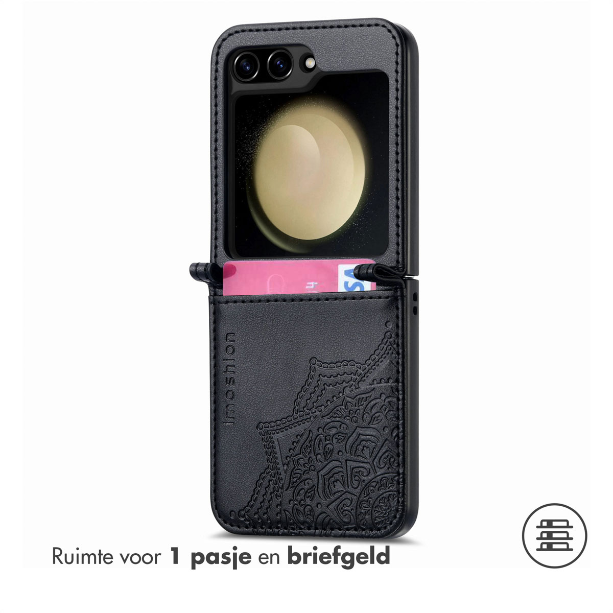 Zwarte telefoonhoes met een kaartsleuf, met een creditcard. De hoes is open en toont het telefoonscherm.