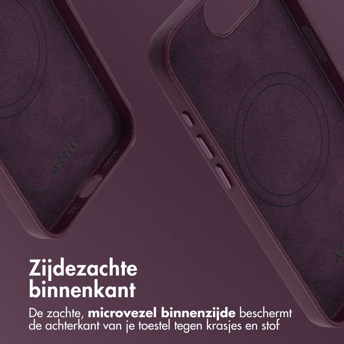 Close-up van een paarse telefoonhoes binnenkant. De hoes heeft een zachte, microvezel voering. Tekst onderaan: 'Zacht interieur'.