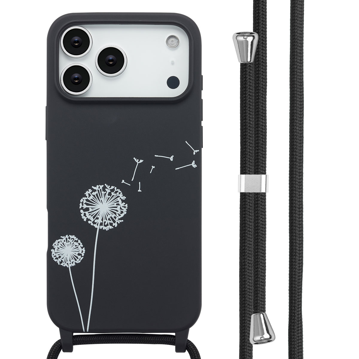 Zwarte telefoonhoes met paardenbloemontwerp en een zwart koord. De hoes heeft cameralenzen. Koord heeft zilveren metalen details.