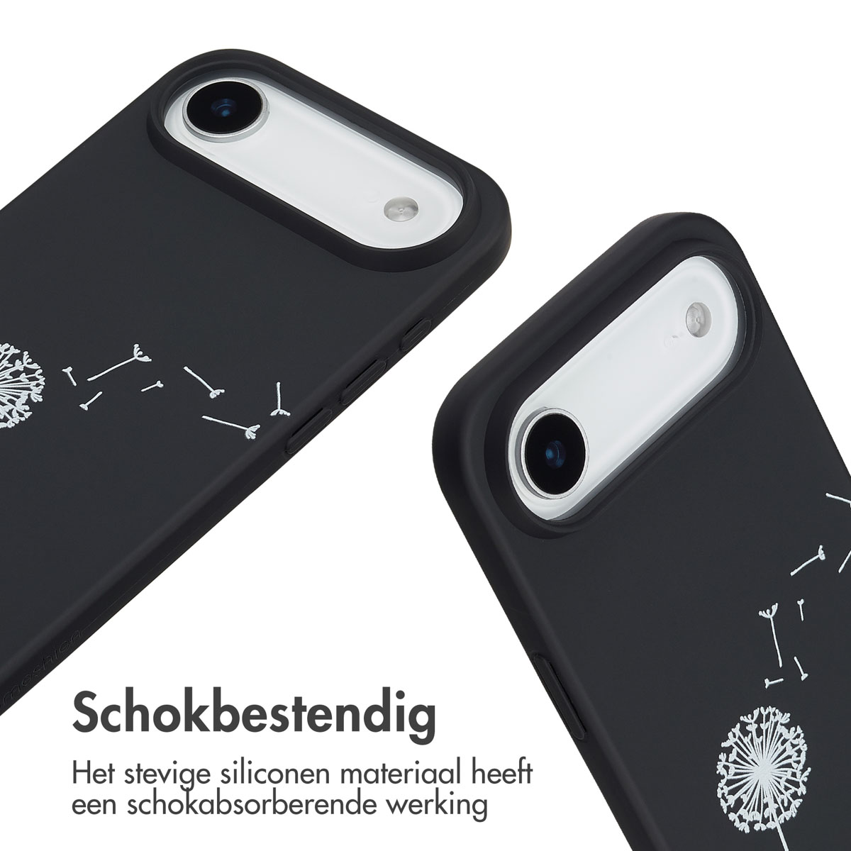 Twee zwarte telefoonhoesjes met witte paardenbloemontwerpen op een witte ondergrond. Elk heeft een cameralens. Nederlandse tekst: 'schokbestendig'.