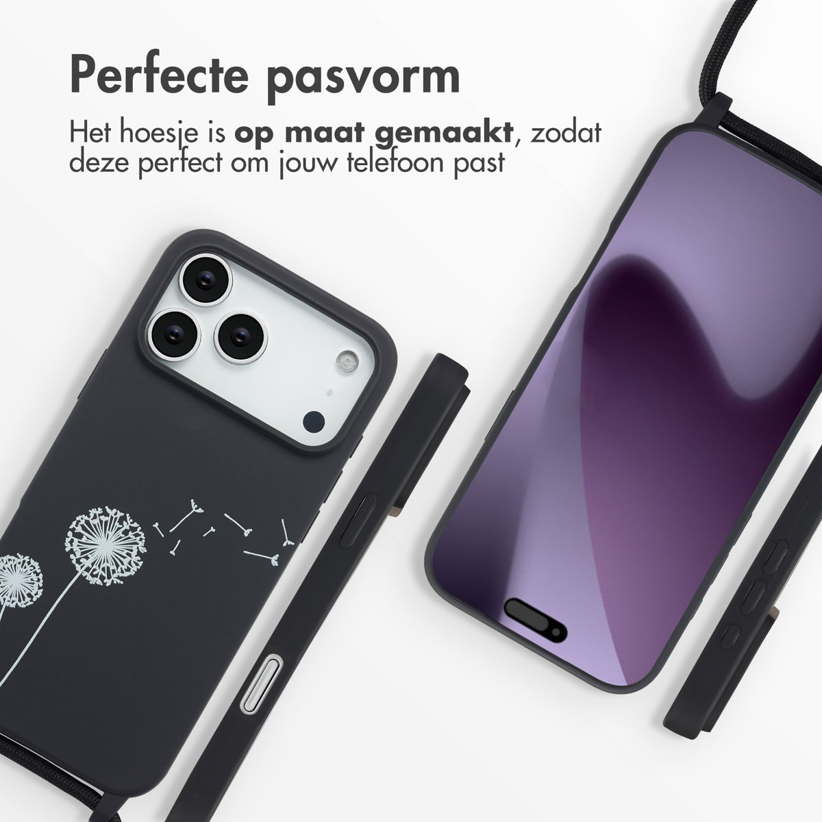 Twee telefoonhoesjes, een zwarte met paardenbloemontwerp, een met paars scherm. Beide hebben zwarte koorden. Tekst zegt 'Perfecte pasvorm'.