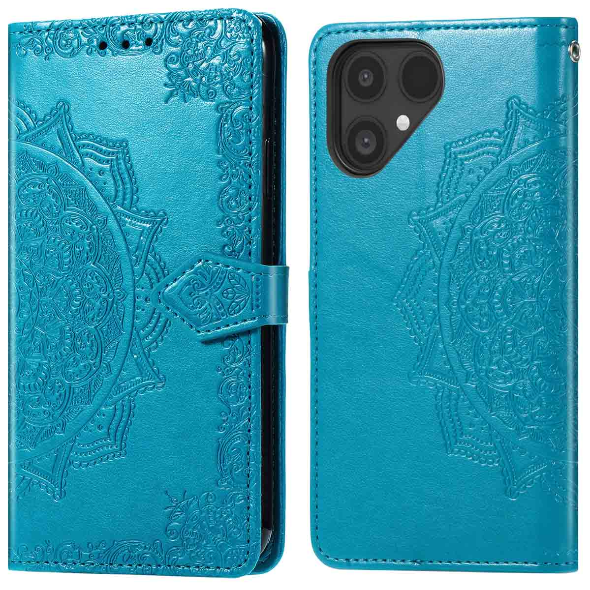 Een turquoise telefoonhoes, open, met de camera van de telefoon. Sierlijk bloemmotief in reliëf. De hoes is open.