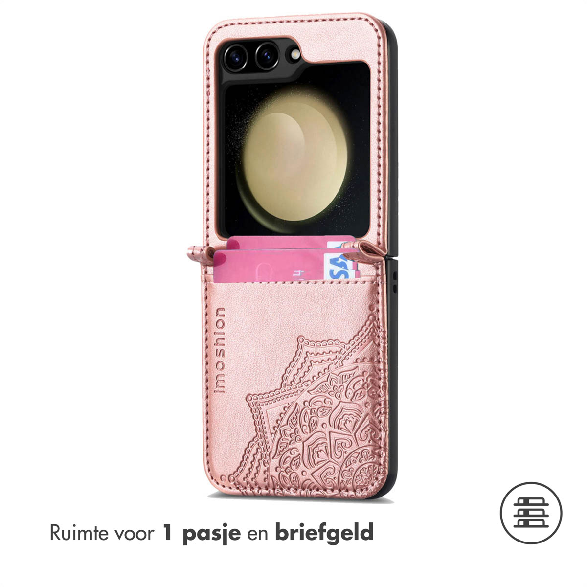 Roze telefoonhoesje met kaartsleuven, mandala-ontwerp en zichtbaar scherm. Er staat 'Ruimte voor 1 pasje en briefgeld'.