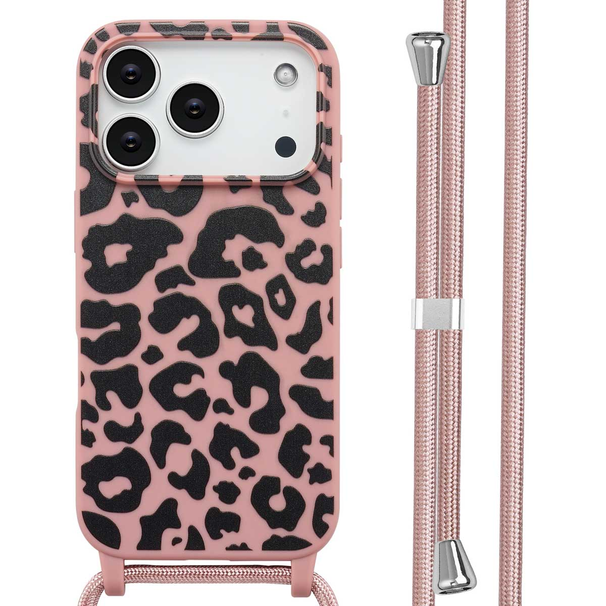 Roze telefoonhoesje met zwarte luipaardprint, bevestigd aan een roze koord. De telefoon heeft een camera. De achtergrond is wit.