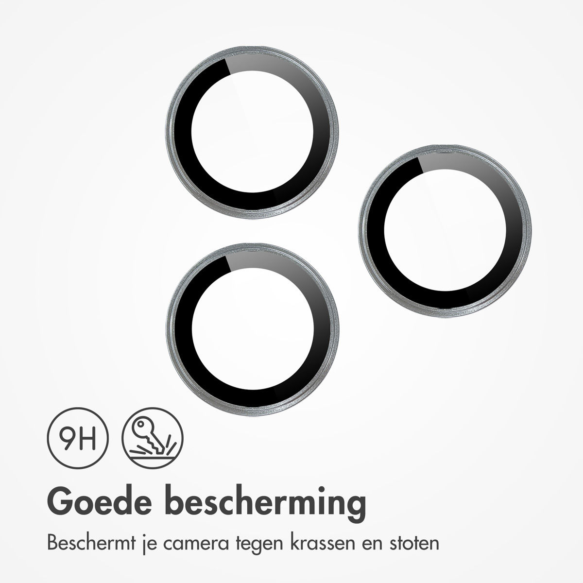 Drie cirkelvormige camerabeschermers op een witte achtergrond. Tekst: 'Goede bescherming' en 'Beschermt je camera tegen krassen en stoten'.