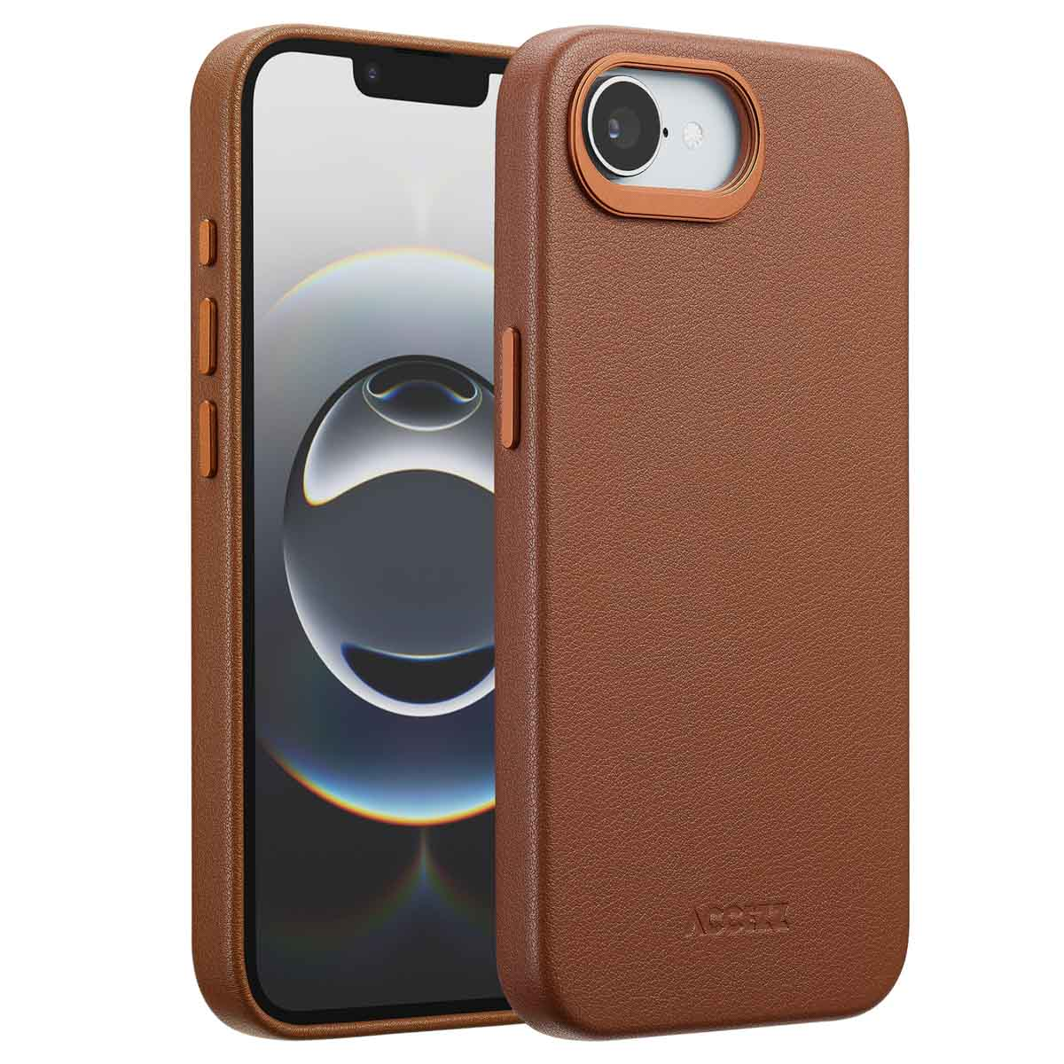 Een bruine leren telefoonhoes met een telefoon erin. De hoes heeft een getextureerd oppervlak en een koperkleurige camerarand.