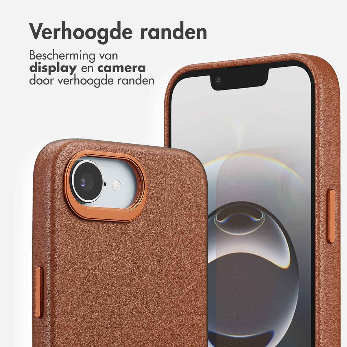 Close-up van een telefoonhoesje met verhoogde randen. De hoes is van bruin leer en beschermt het scherm en de camera.