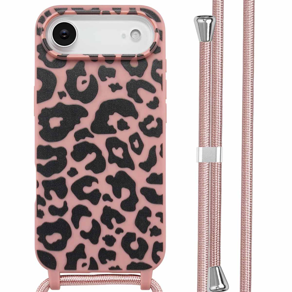 Een roze telefoonhoesje met zwarte luipaardprint, bevestigd aan een roze koord. Zilveren accenten op het koord.