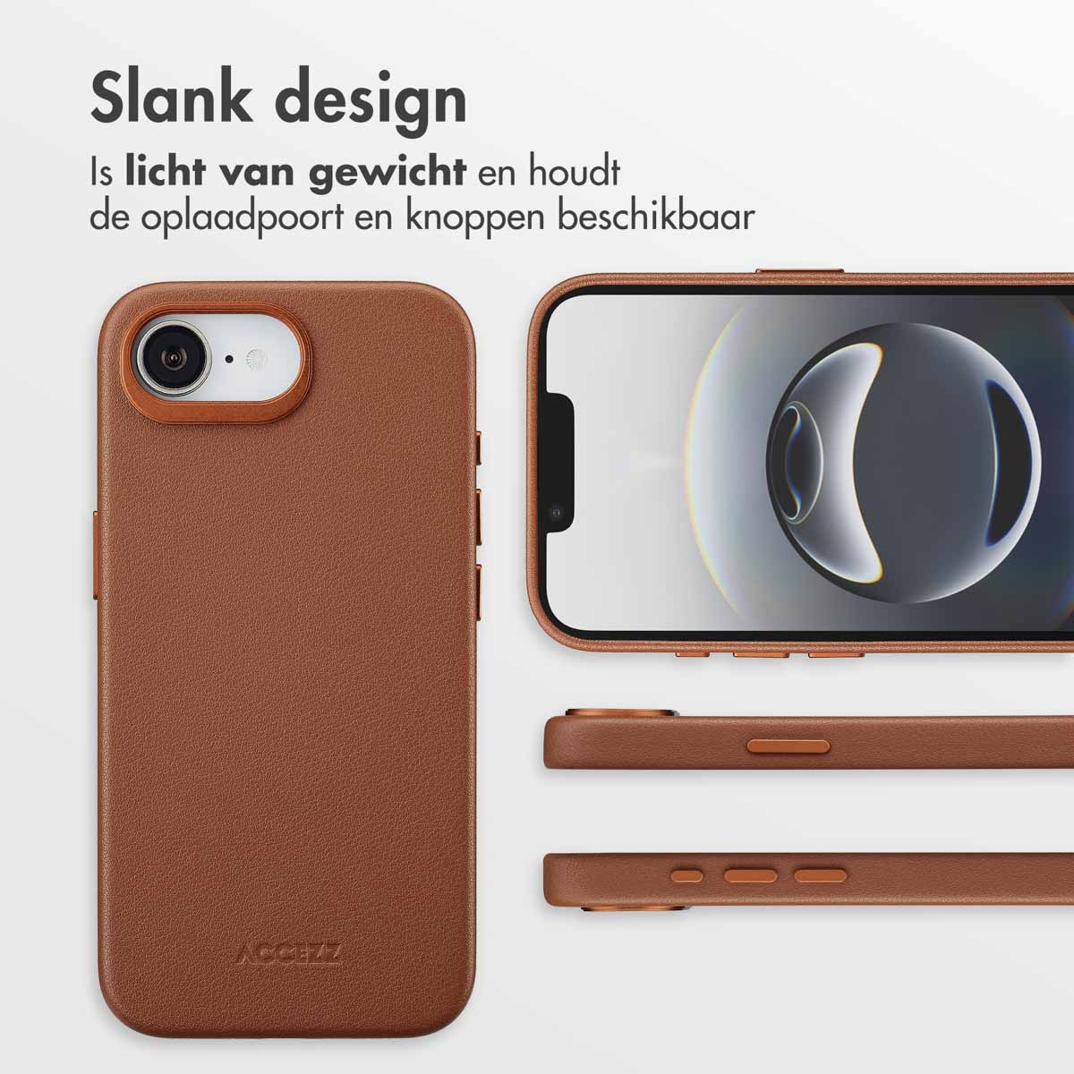 Bruine leren telefoonhoes met een telefoon met een vage achtergrond en detailopnamen van de knoppen en randen van de hoes.