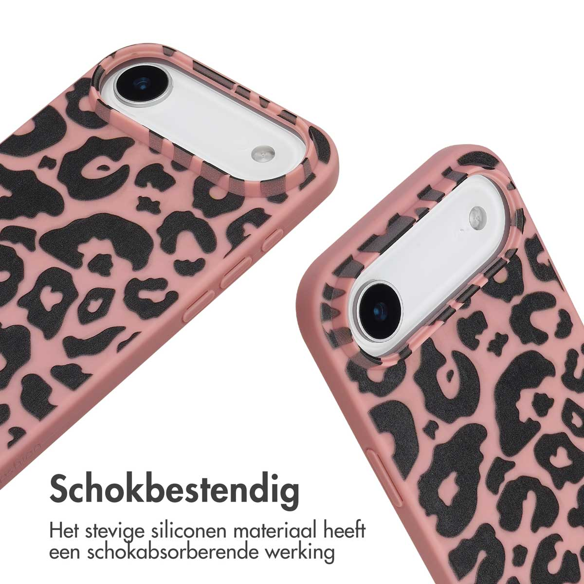 Twee telefoonhoesjes, luipaardprint in roze en zwart. De hoesjes worden onder een hoek getoond, met cameralens en beschermend ontwerp.