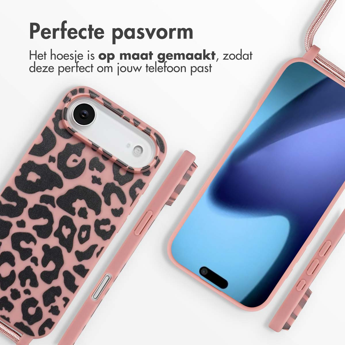 Roze telefoonhoesjes met luipaardprint en een blauw scherm. De tekst luidt 'Perfecte pasvorm'.