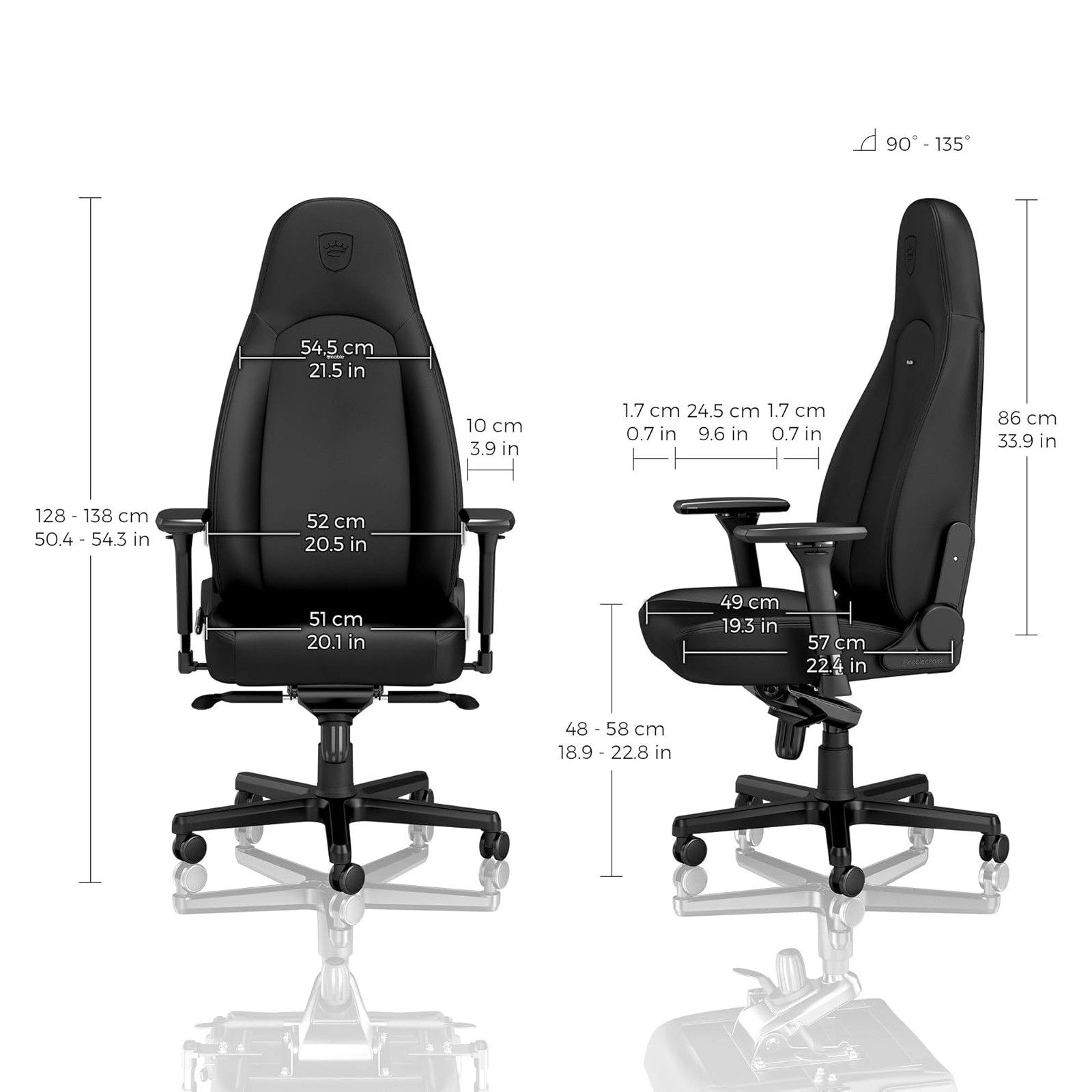 Sedia da gaming ergonomica nera, dimensioni etichettate. Include schienale, seduta, braccioli e base con ruote.