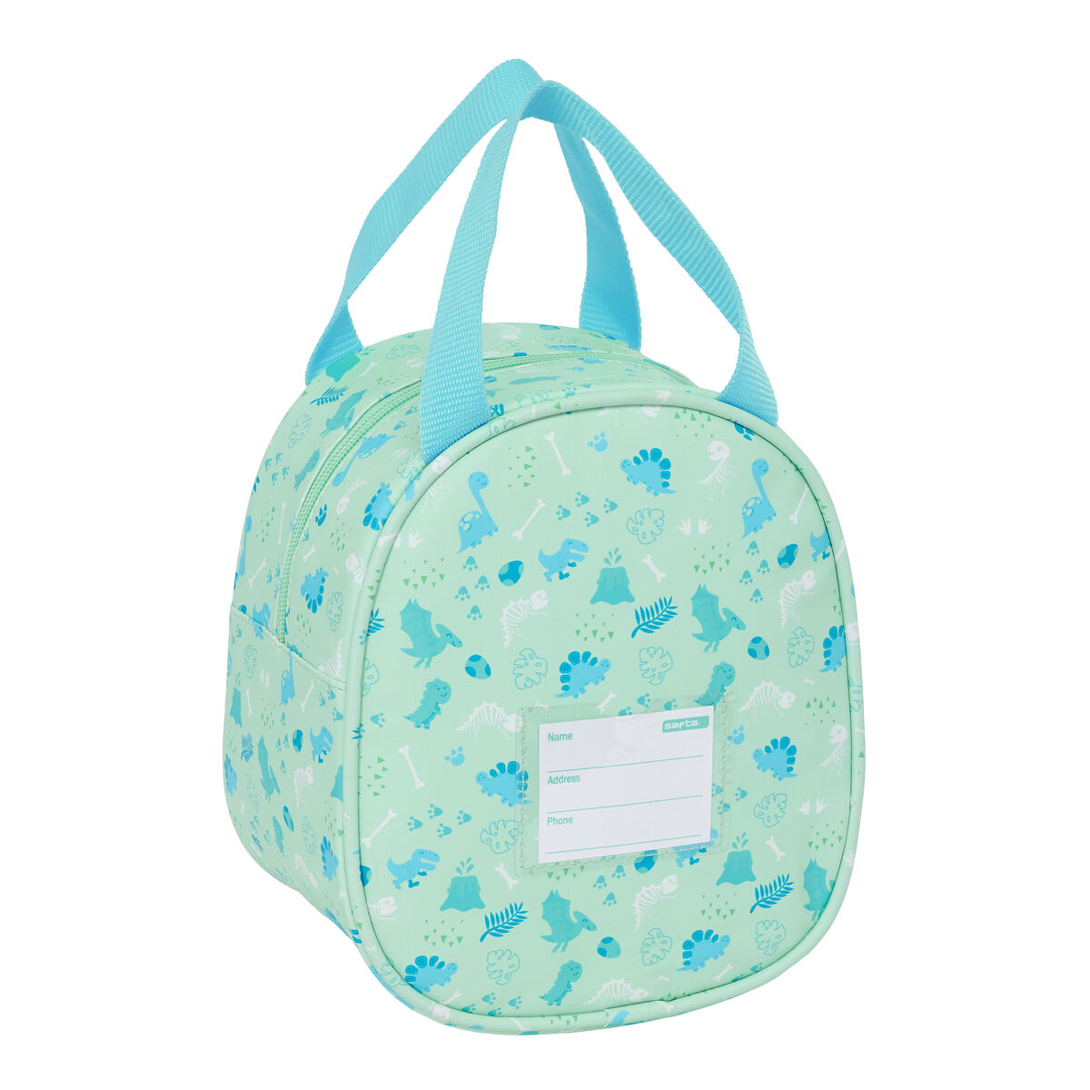 Eine grüne Lunchtasche mit blauen Griffen und Dinosaurier-Mustern. Sie hat ein Namensschild.