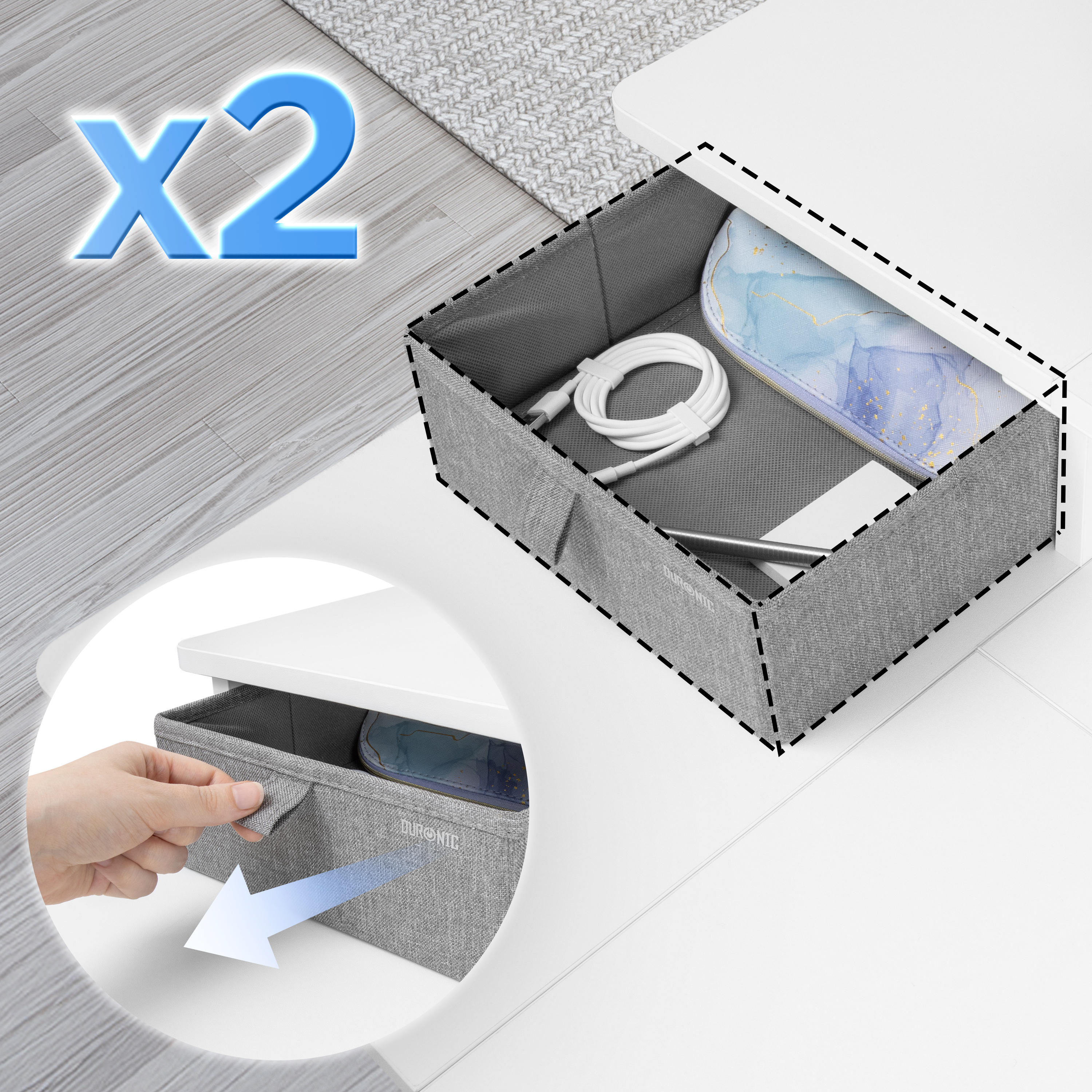 Ein Schreibtisch-Organizer mit zwei Schubladen. Eine Schublade ist geöffnet und zeigt Federmäppchen, Kabel und andere Gegenstände.