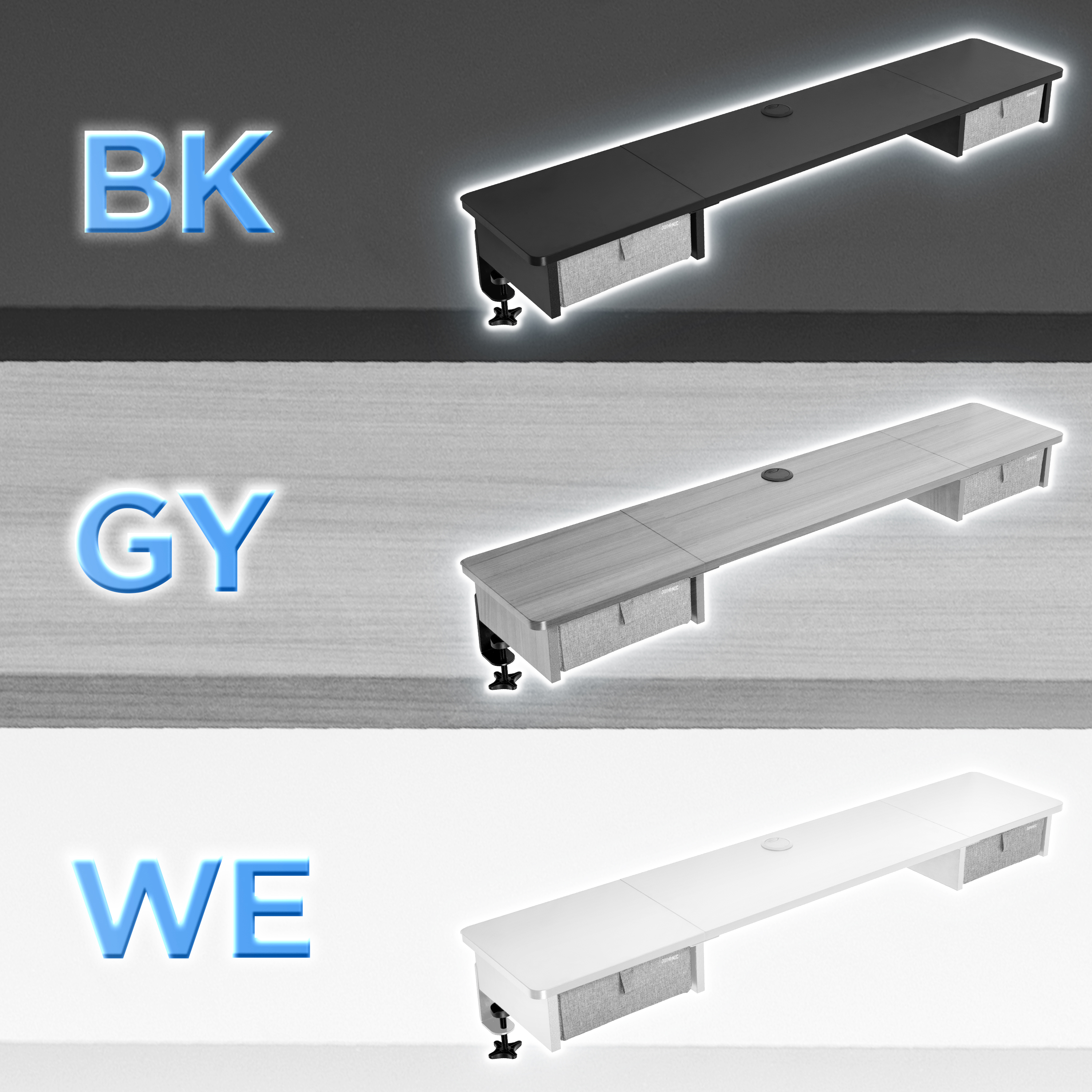 Drei Schreibtische, schwarz, grau und weiß, mit Stauraum und Kabelführung. Jeder Schreibtisch hat eine Schublade und eine Klemme.