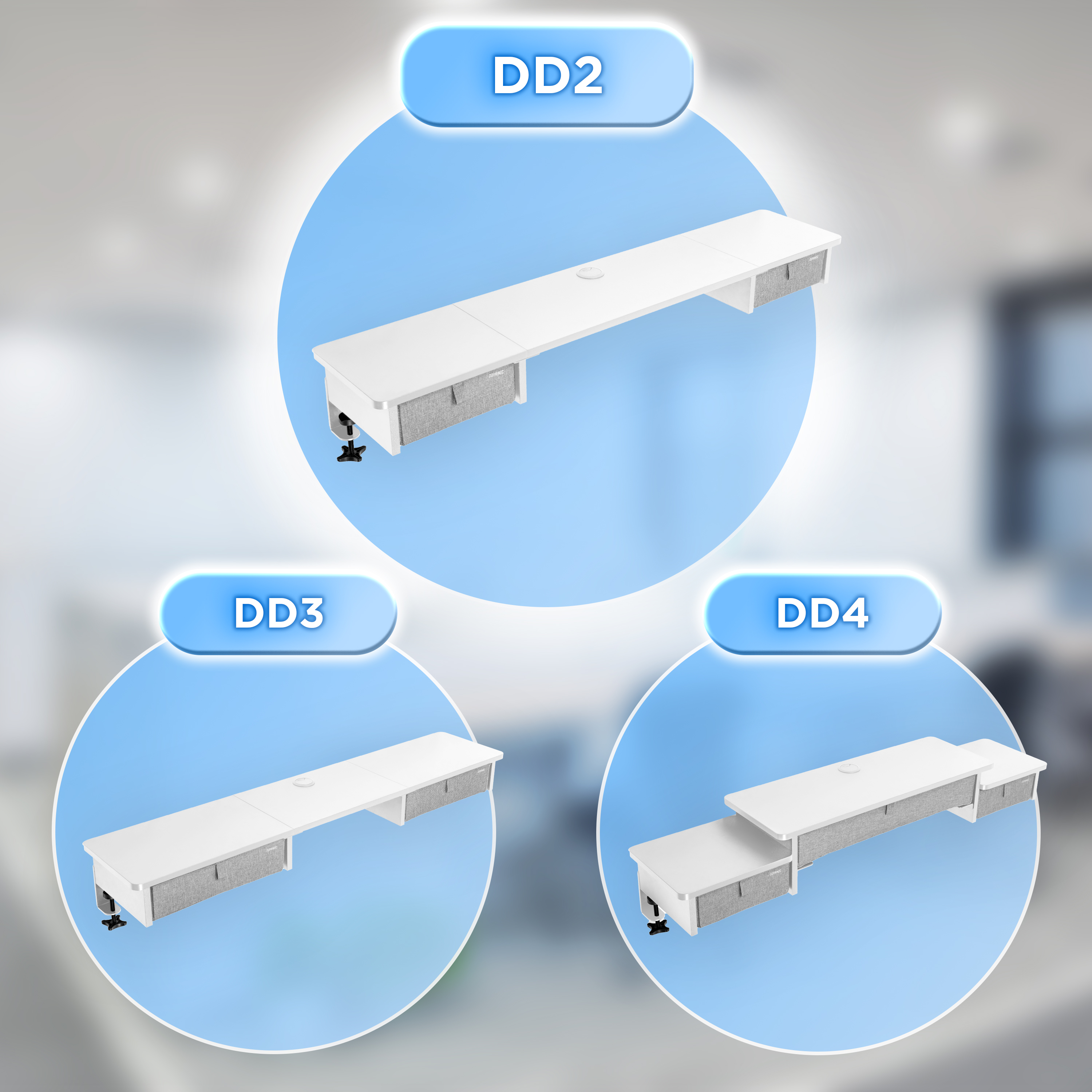 Drei weiße Schreibtische mit grauen Stoffschubladen. Jeder Schreibtisch hat ein anderes Design. Blauer und weißer Hintergrund.