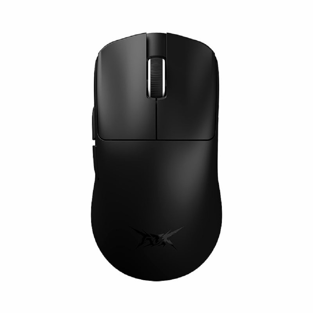 Un mouse per computer nero con rotellina e logo. È un design elegante ed ergonomico.