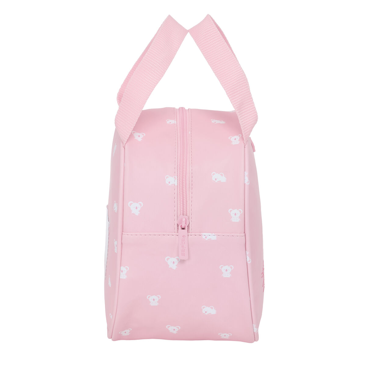 Eine rosa Lunchbox mit weißen Koala-Bären-Mustern. Sie hat einen Reißverschluss und zwei rosa Griffe. Der Hintergrund ist weiß.
