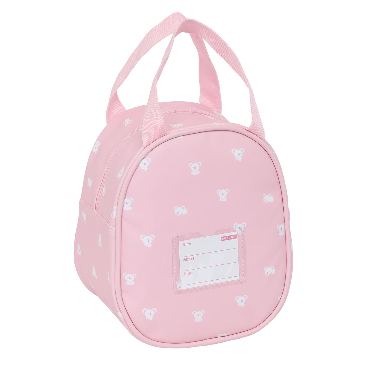 Eine rosa Lunchtüte mit weißen Koala-Bären-Mustern. Sie hat einen Griff und ein Etikett für Name, Adresse und Telefon. Die Tasche steht auf weißem Hintergrund.