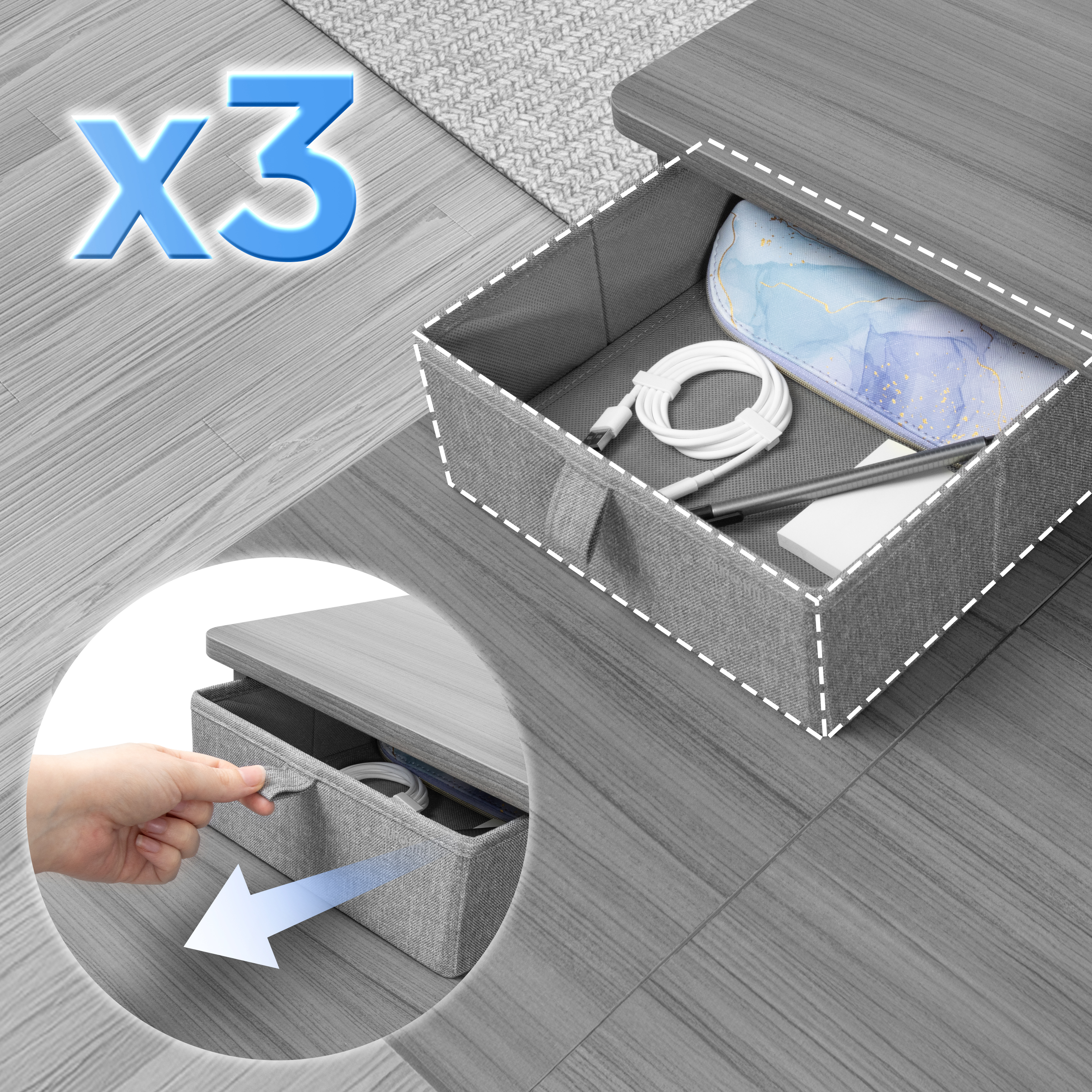 Eine Schublade mit Gegenständen wie Stift, Kabel und Federmäppchen. Eine Hand zieht die Schublade. Oben steht ein X3-Schild.