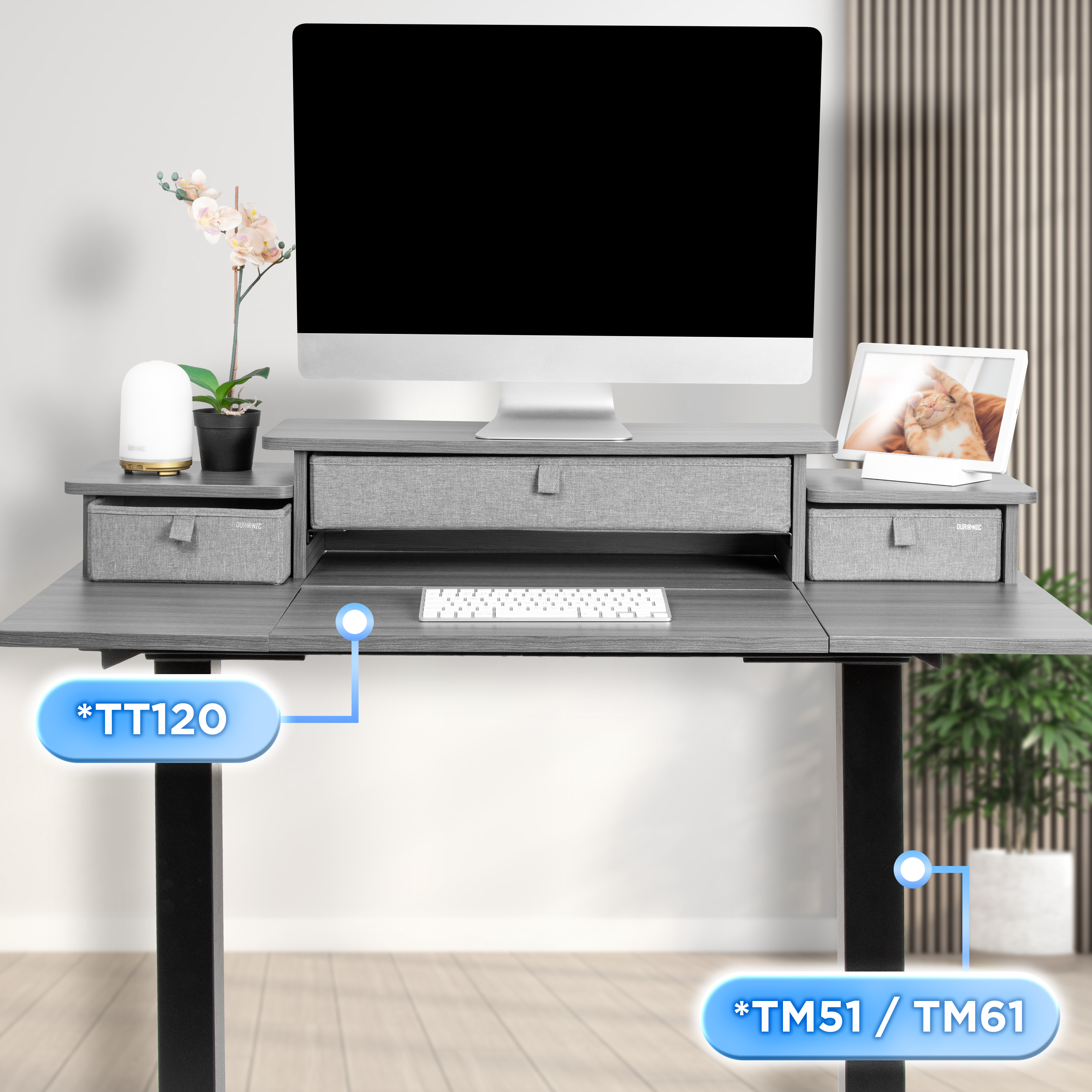 Ein grauer Schreibtisch mit Computer, Tastatur, Schubladen und einem Katzenfotorahmen. Im Hintergrund befinden sich eine Wand, eine Pflanze und Holzverkleidungen.