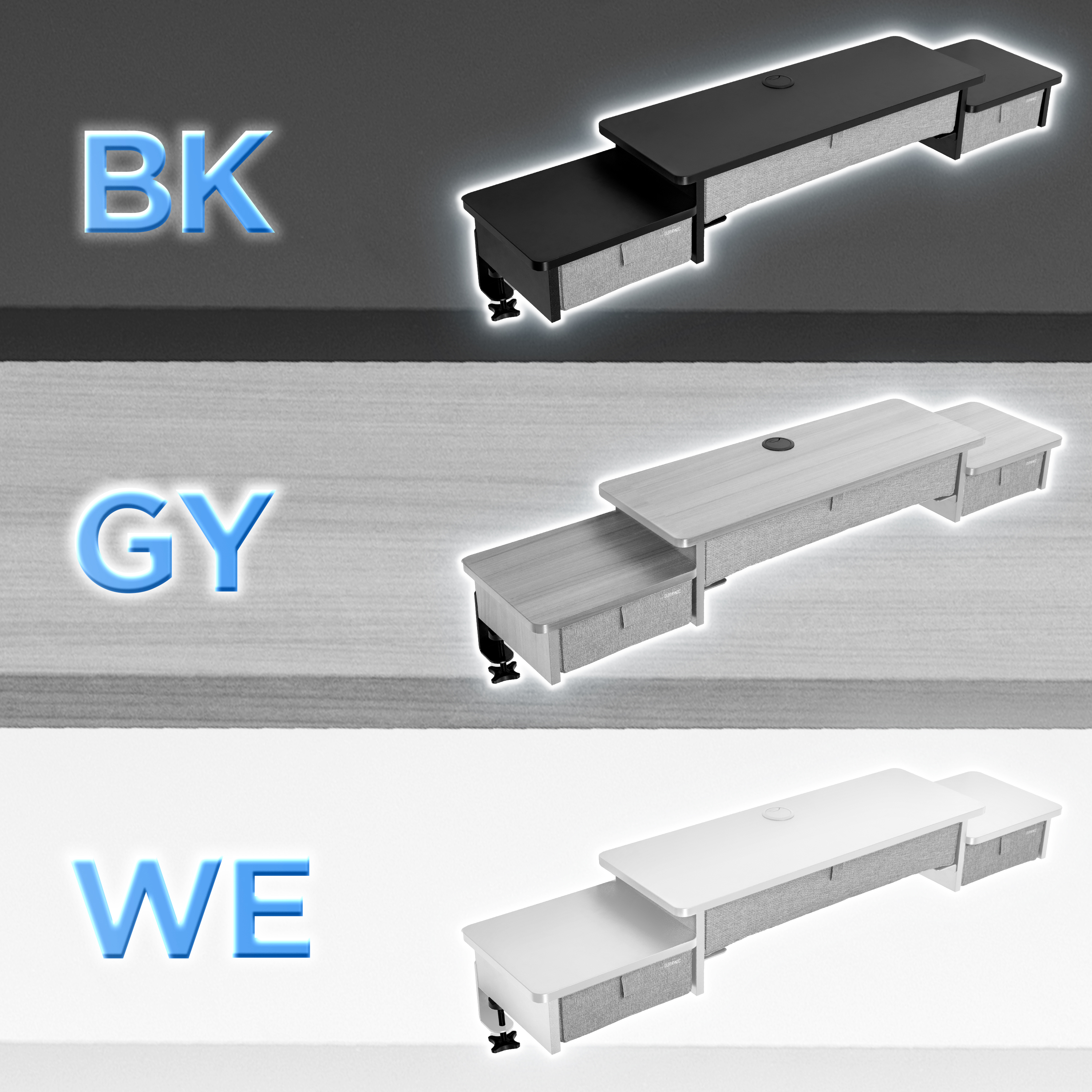 Bilder zeigen Bürotische in Schwarz, Grau und Weiß. Jeder Schreibtisch hat eine Schublade und eine Klemme. Die Etiketten lauten BK, GY und WE.
