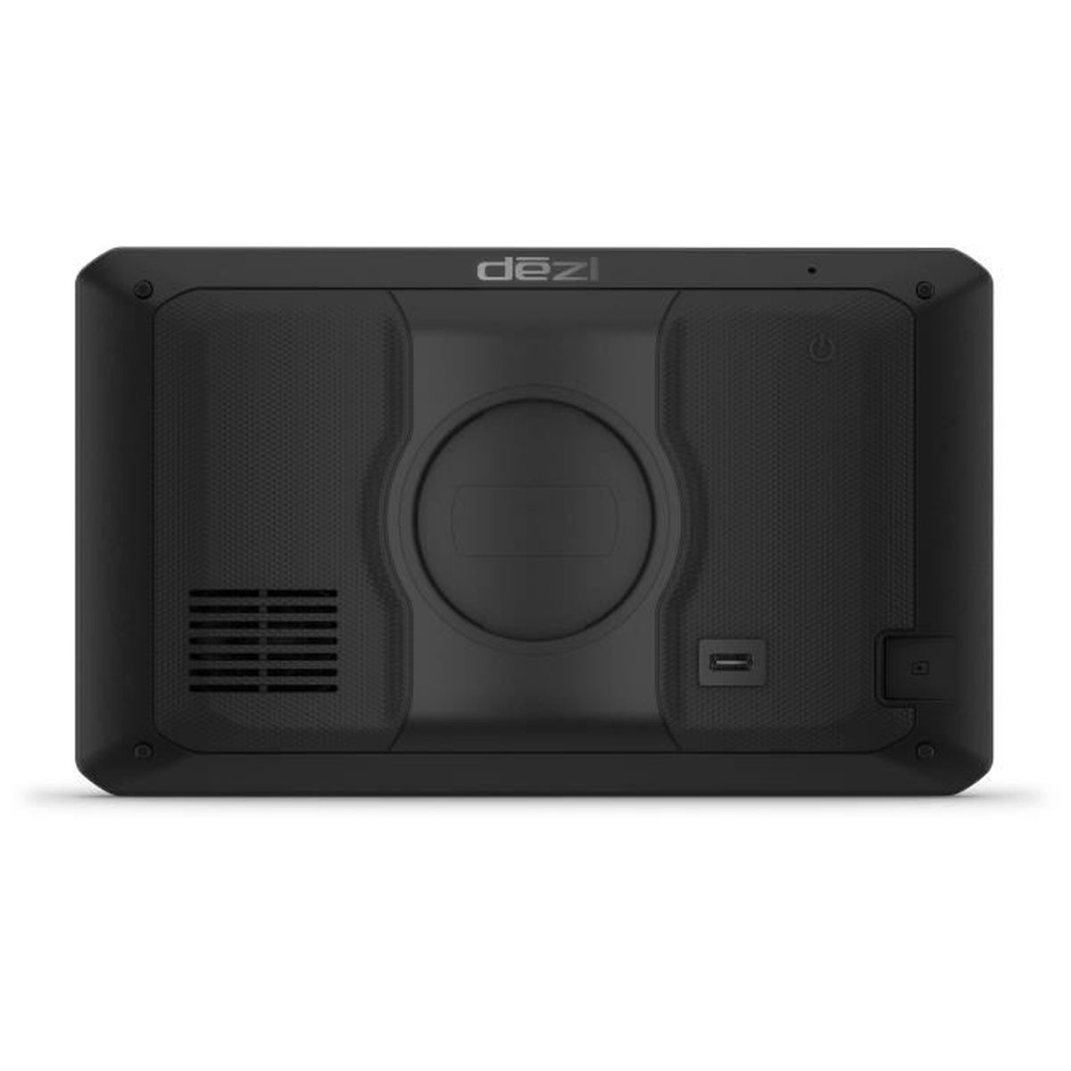 Retro del dispositivo GPS nero. Ha un elemento circolare al centro, un rettangolo in basso e un pulsante di accensione. Il marchio è dezl.