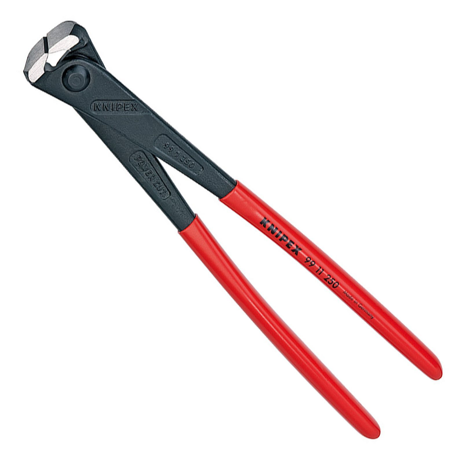Szczypce tnące skośne z czerwonymi uchwytami i czarną metalową głowicą, marki KNIPEX, na białym tle.