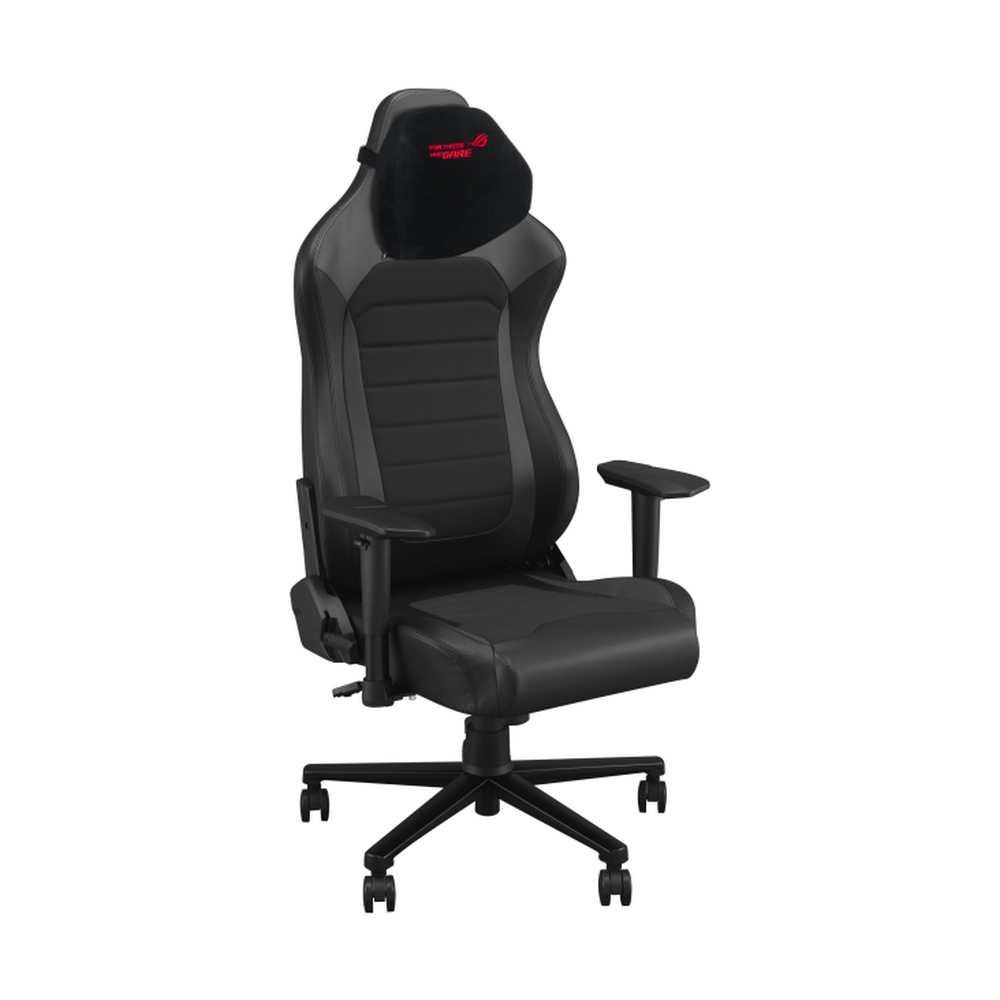 Sedia da gaming nera e grigia. Ha un poggiatesta con il logo ROG. La sedia ha braccioli e si trova su una base con ruote.