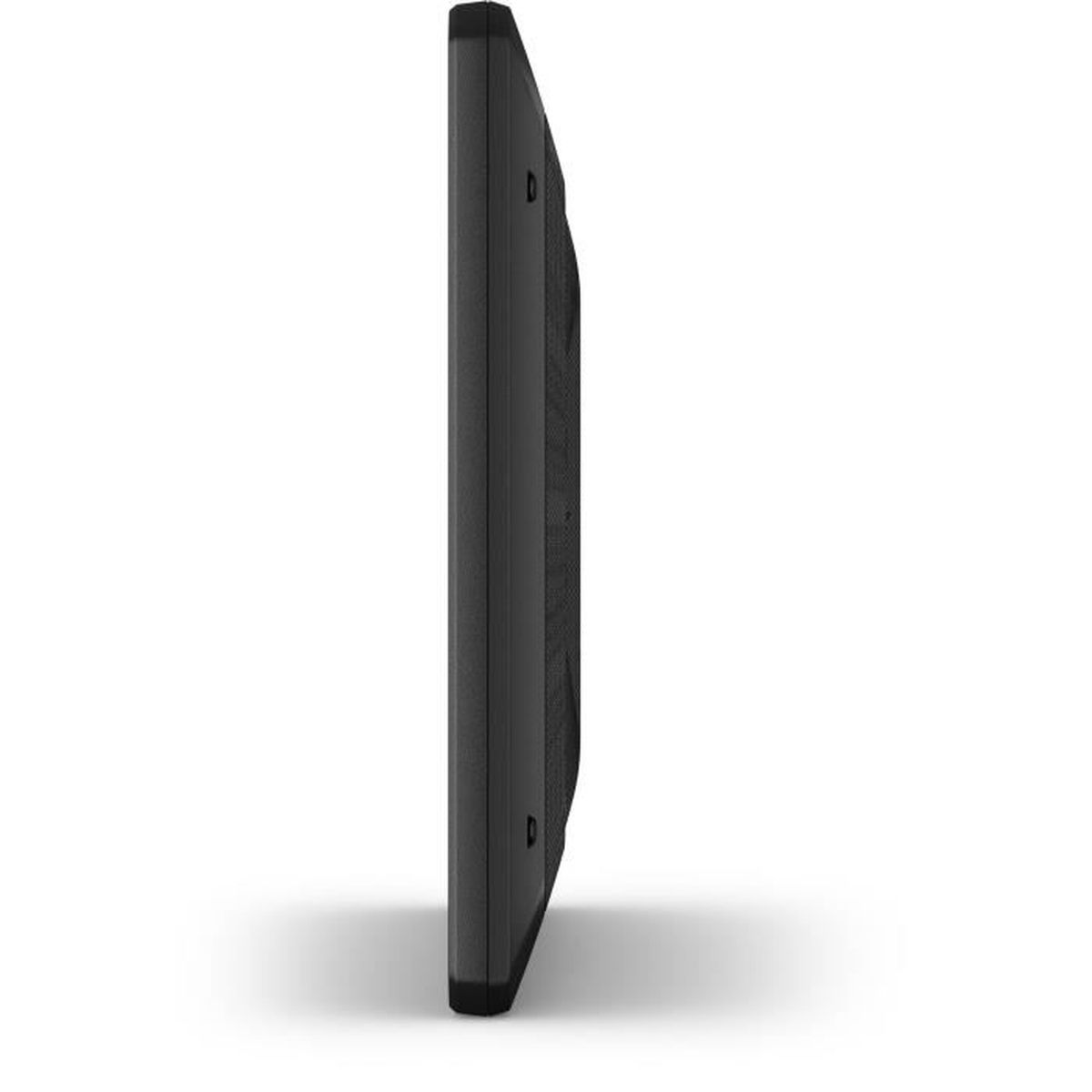 Vista laterale di un dispositivo elettronico nero rettangolare. Ha un bordo leggermente curvo e una superficie scura.