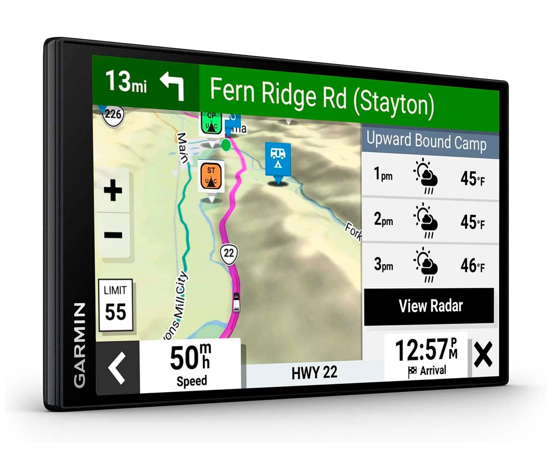 GPS Garmin muestra ruta en Hwy 22, dirección a Fern Ridge Rd y pronóstico del tiempo. El límite de velocidad es 55 mph.