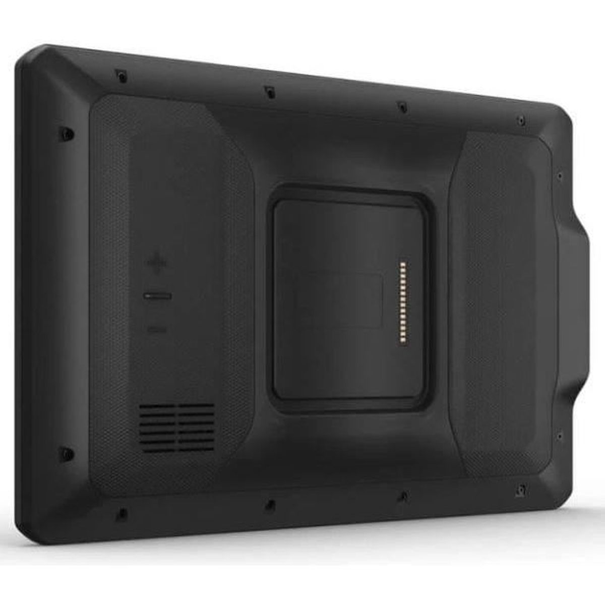 Retro del dispositivo nero con varie trame, pulsanti e un'area centrale incassata con connettore. Griglie di ventilazione visibili.