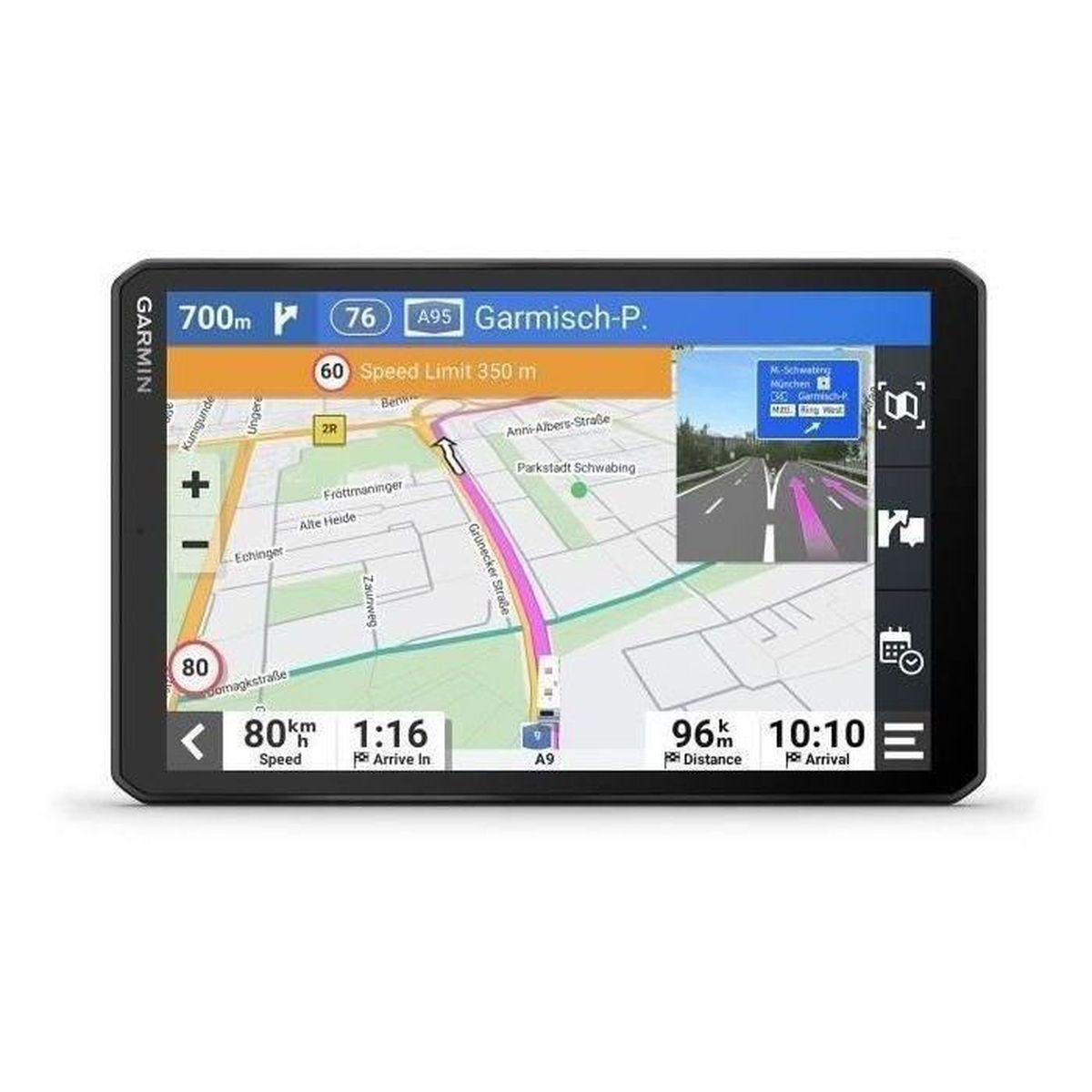 Un dispositivo GPS Garmin visualizza una mappa con dettagli di navigazione, velocità, distanza e informazioni sull'arrivo.