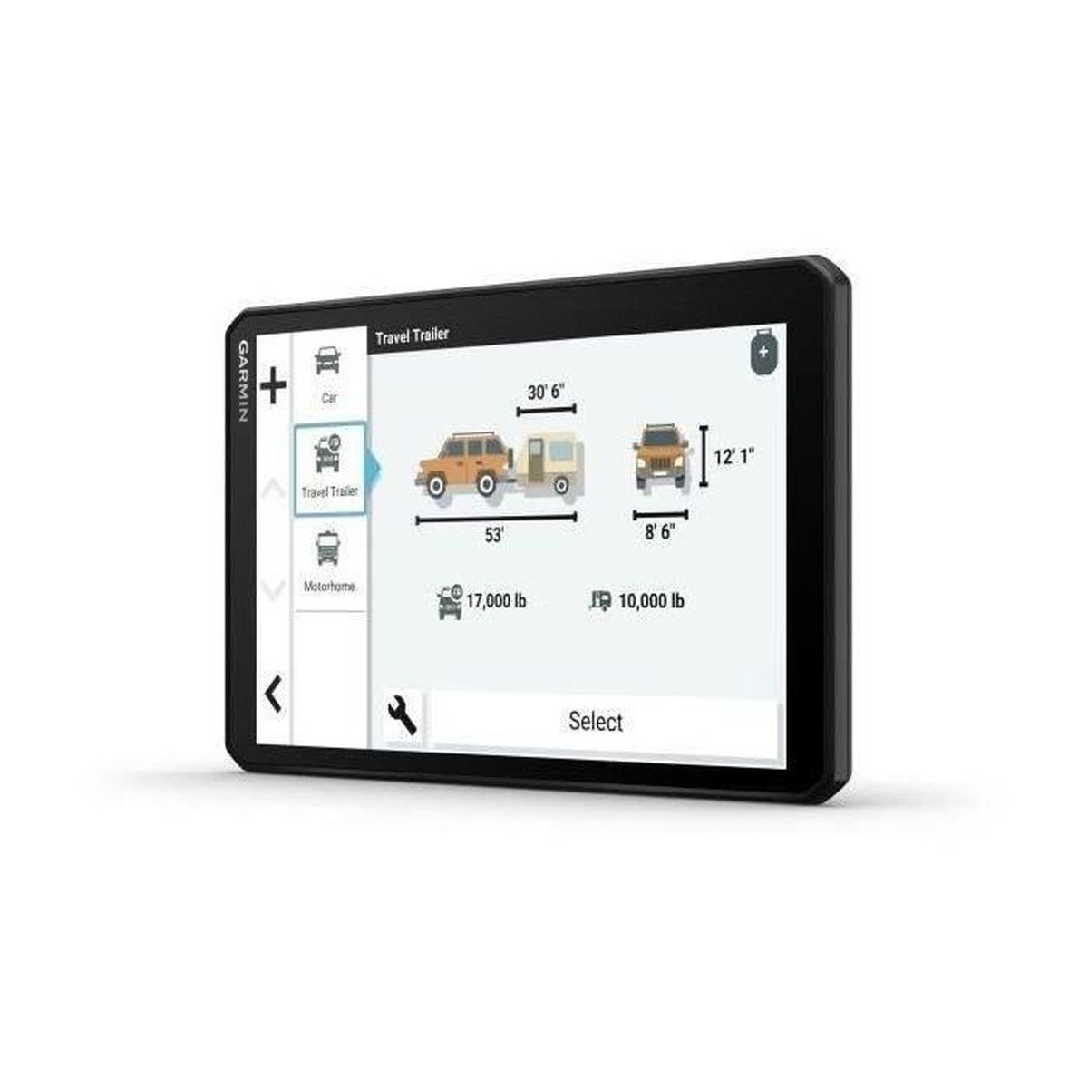 Un dispositivo Garmin mostra le opzioni dei rimorchi da viaggio con dimensioni e peso. Sono visibili icone di auto, rimorchio da viaggio e camper.