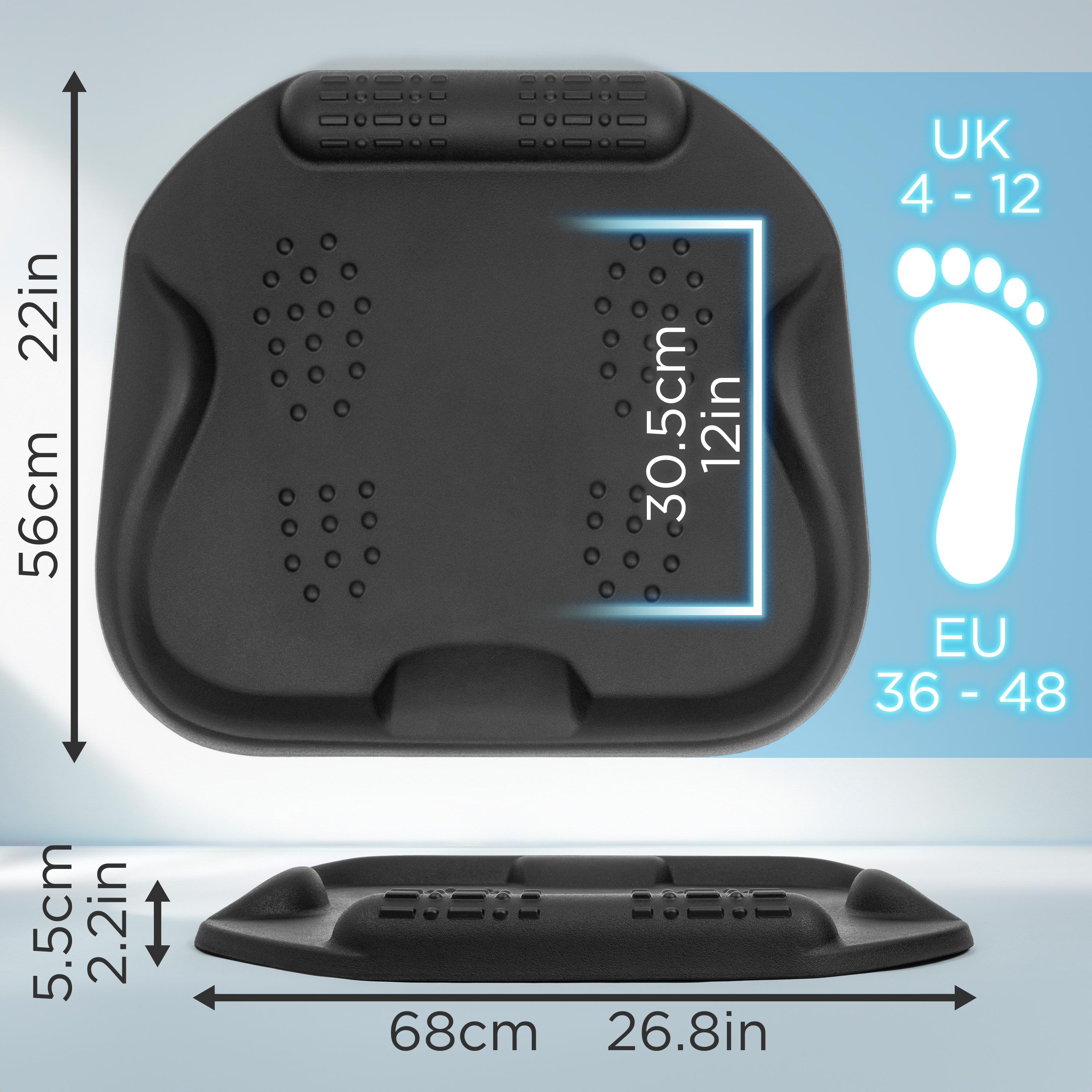 Schwarze Fußstütze mit Maßen. Enthält UK- und EU-Schuhgrößen sowie Größenangaben in cm und Zoll.