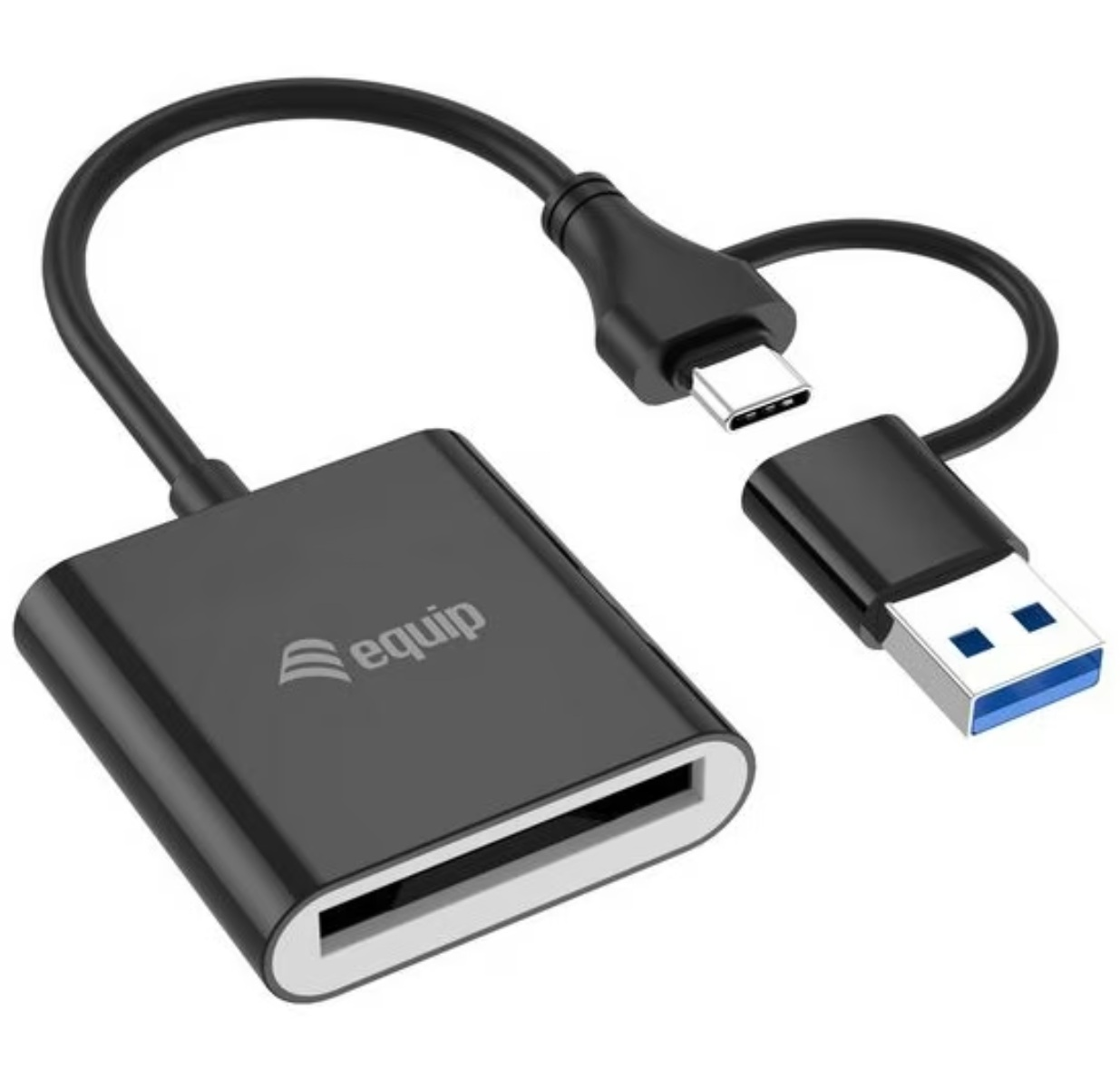 Lettore di schede USB nero con connettore USB-C e USB-A. Ha il logo equip e uno slot per schede di memoria. Sfondo bianco.