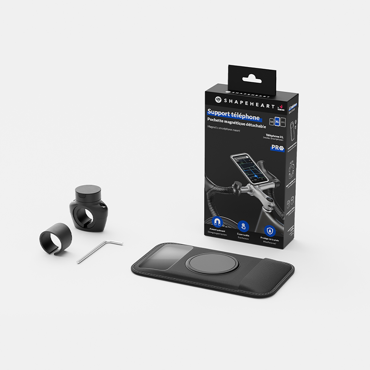 Un kit di supporto per telefono con scatola, base e strumenti. La scatola mostra un telefono sul manubrio di una bicicletta. Gli articoli sono neri e grigi.