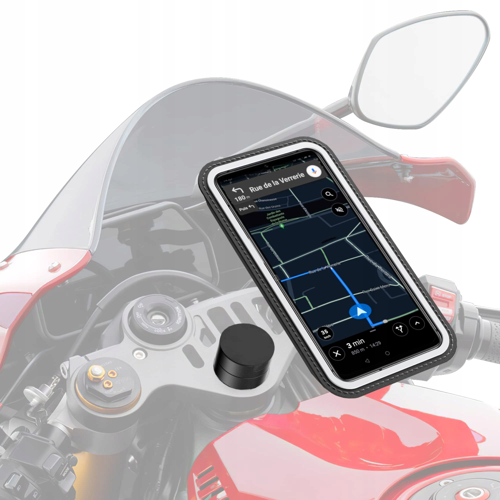 Un telefono che mostra una mappa è montato su una moto rossa. Il telefono mostra un percorso di navigazione.