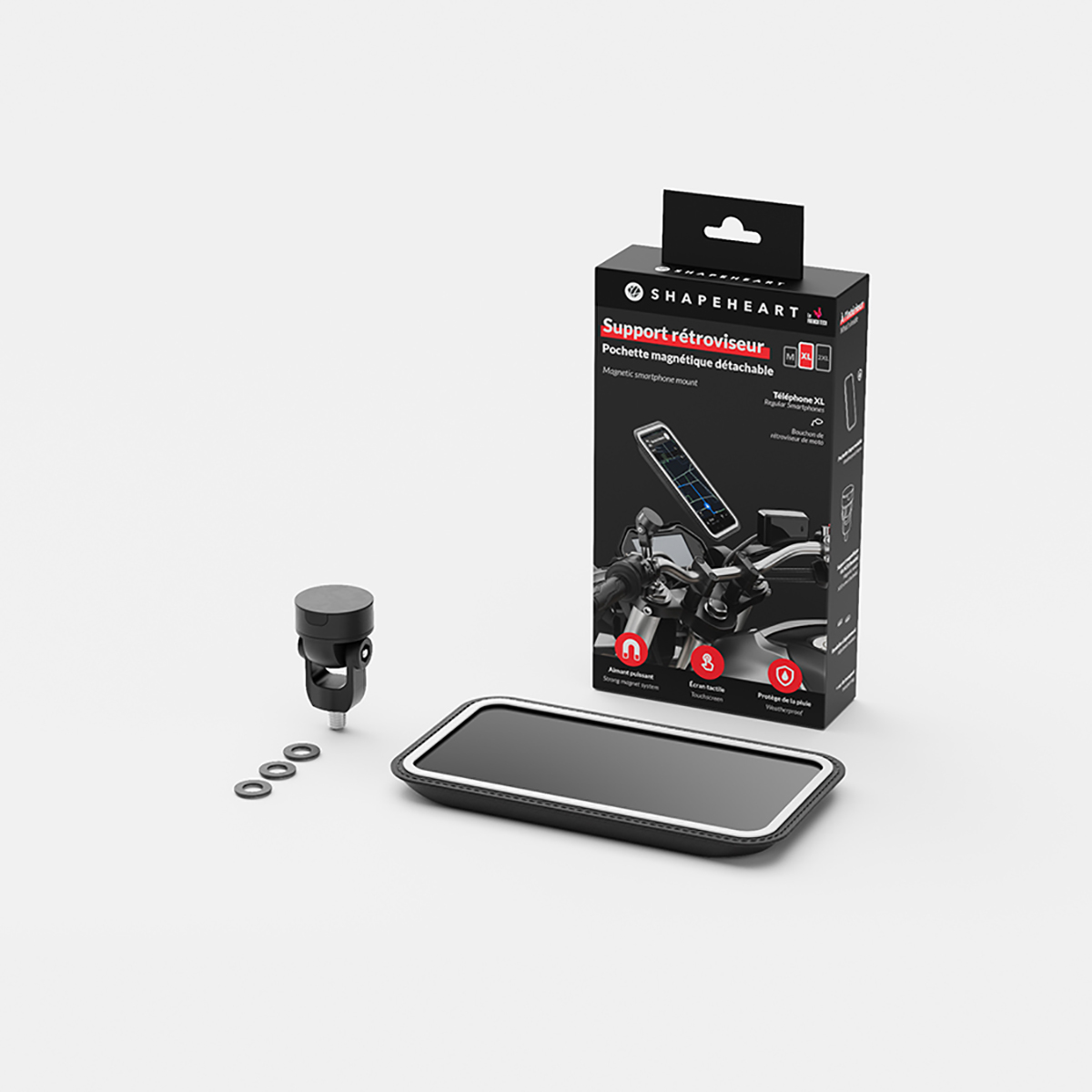 Un kit di supporto per smartphone. Include una scatola, un supporto, un supporto per telefono e rondelle, il tutto su una superficie bianca.