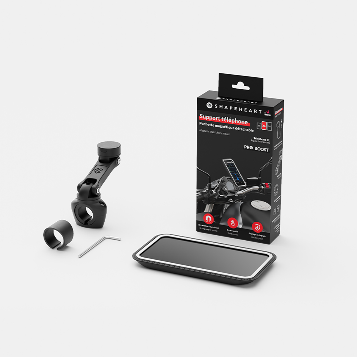 Kit di supporto per telefono da moto con scatola, parti nere e supporto per telefono. La scatola mostra un telefono montato su una moto.