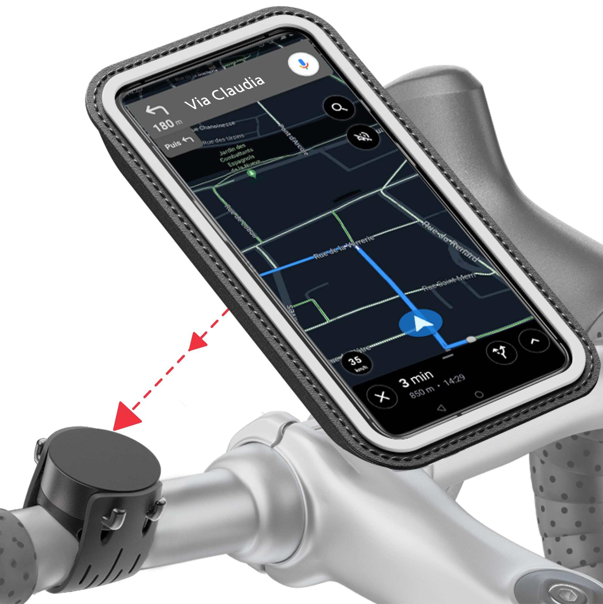 Uno smartphone mostra una mappa di navigazione, montato sul manubrio di una bicicletta. Lo schermo mostra un percorso.