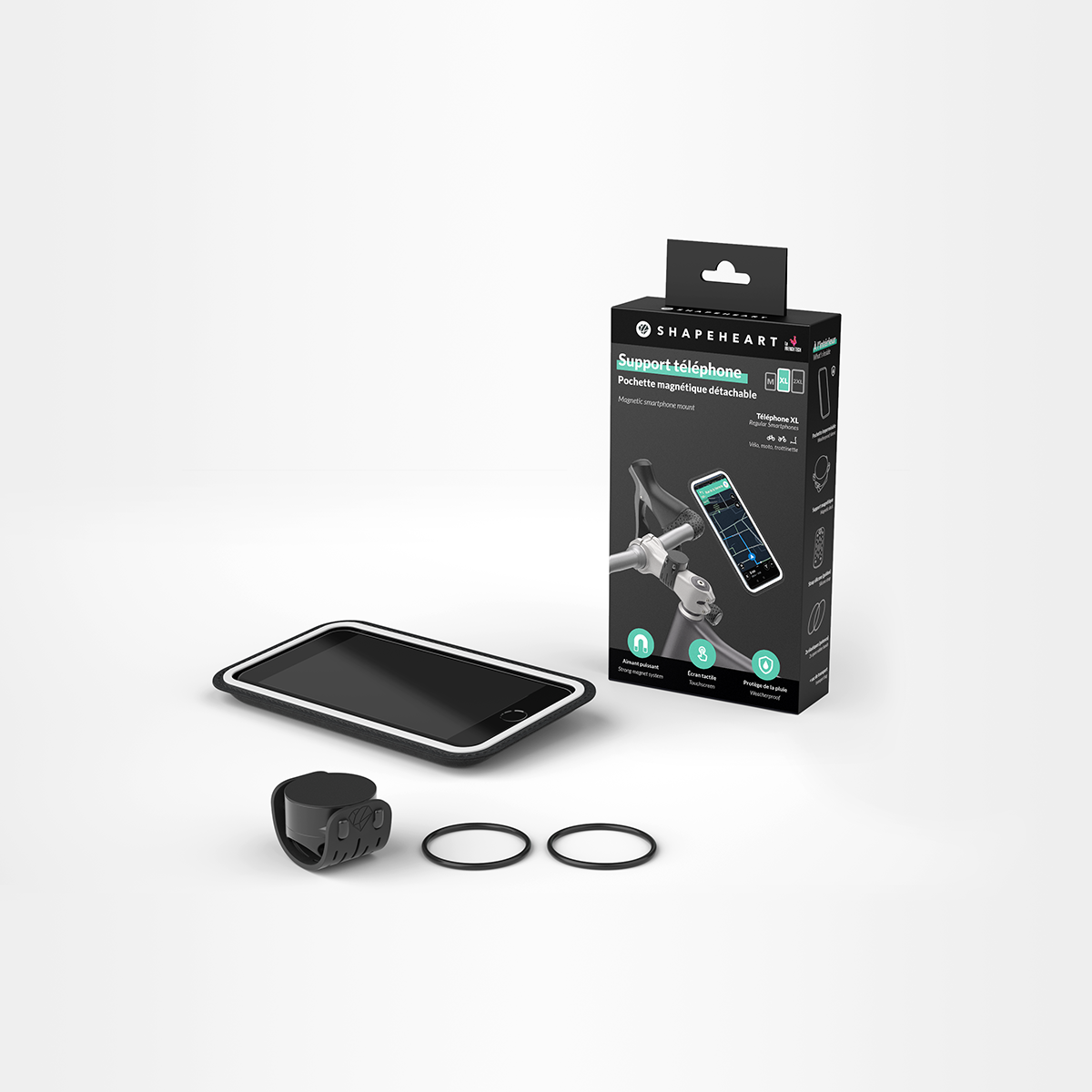 Un kit per supporto telefonico con telefono, supporto, anelli e scatola. La scatola dice 'Support téléphone' e mostra un telefono su una bici.