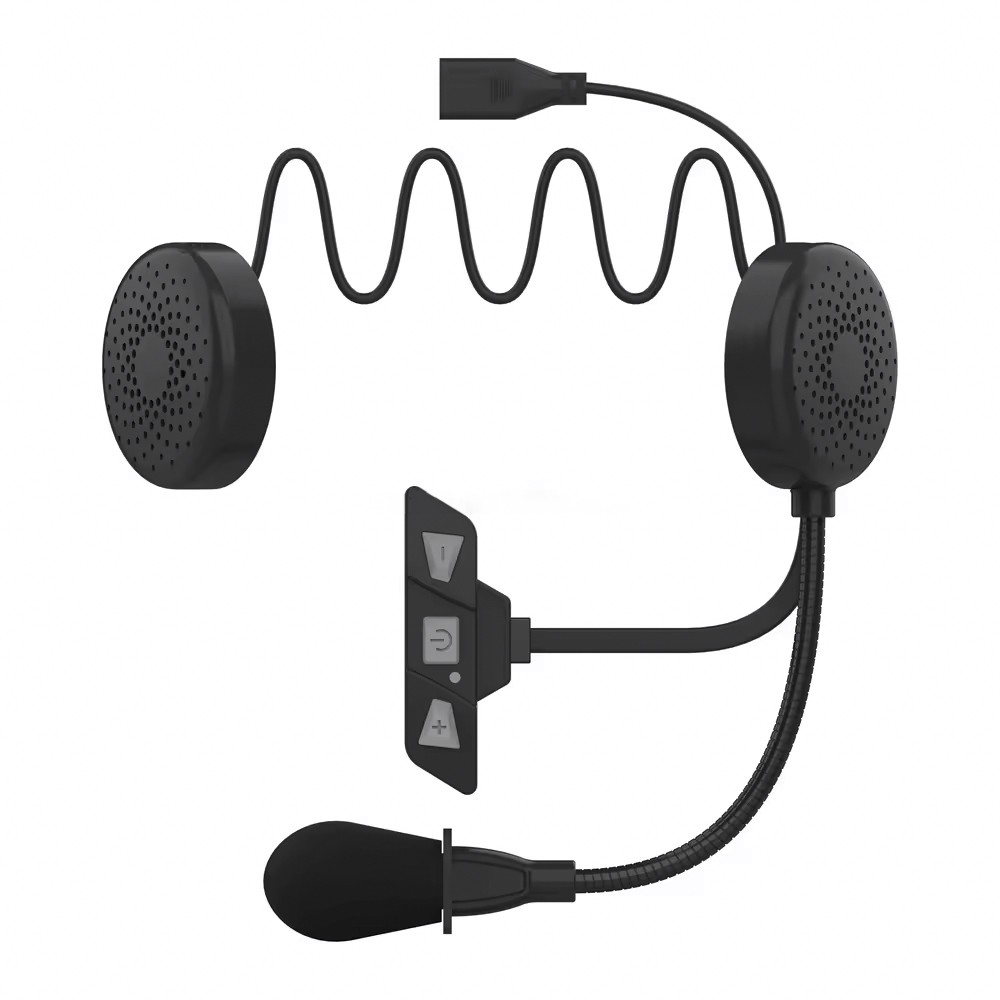 Sistema di comunicazione per casco da moto nero. Include due altoparlanti, un microfono e pulsanti di controllo, tutti collegati da fili.