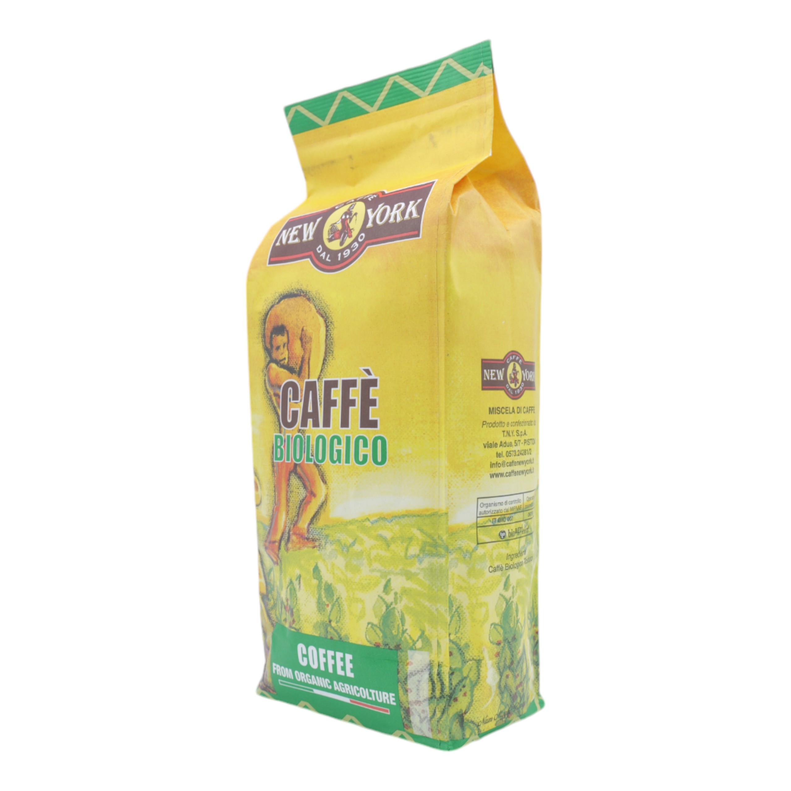 Eine gelbe Kaffeetüte mit 'Caffè Biologico' und einem Logo. Es steht 'Coffee from organic agriculture'.