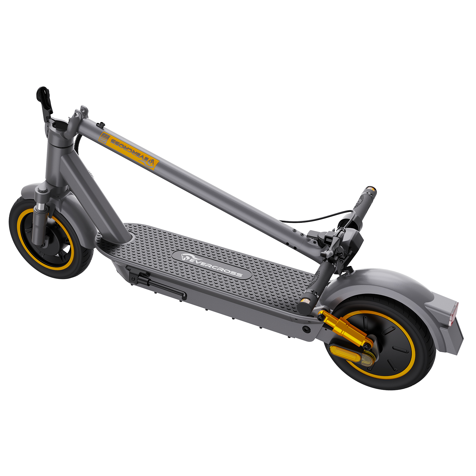 Grau-gelber Elektroroller auf weißem Hintergrund. Der Roller hat eine Plattform, Räder und einen Lenker.