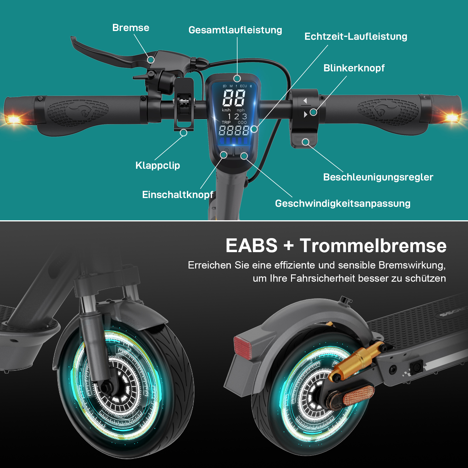 Elektroroller-Lenker mit Display, das Geschwindigkeit, Gesamtstrecke und andere Bedienelemente anzeigt. Details zu Bremsen und Lichtern.