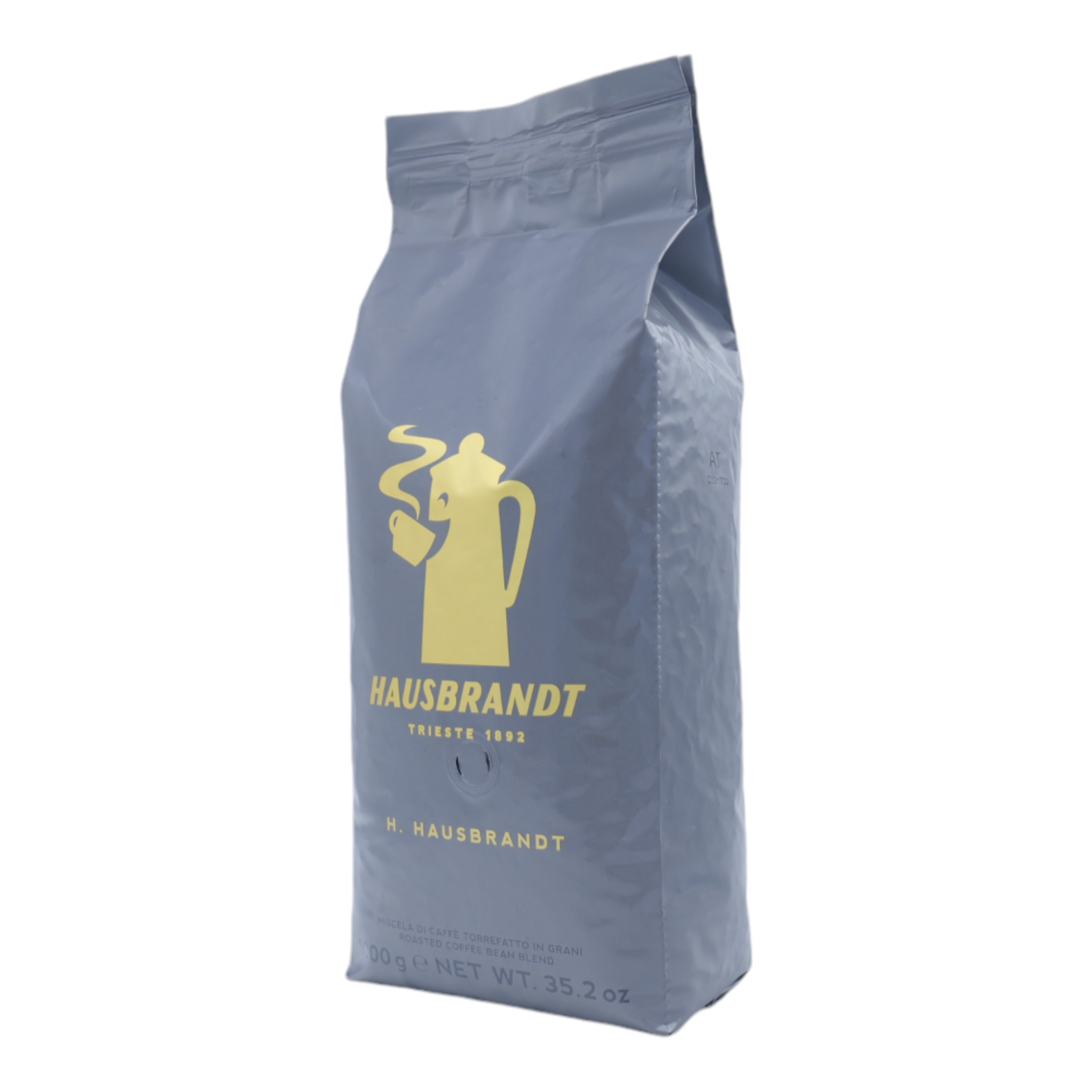 Grauer Kaffeebeutel mit goldenem Kaffeekannenlogo. Die Marke ist 'HAUSBRANDT'. Der Beutel steht vor weißem Hintergrund.