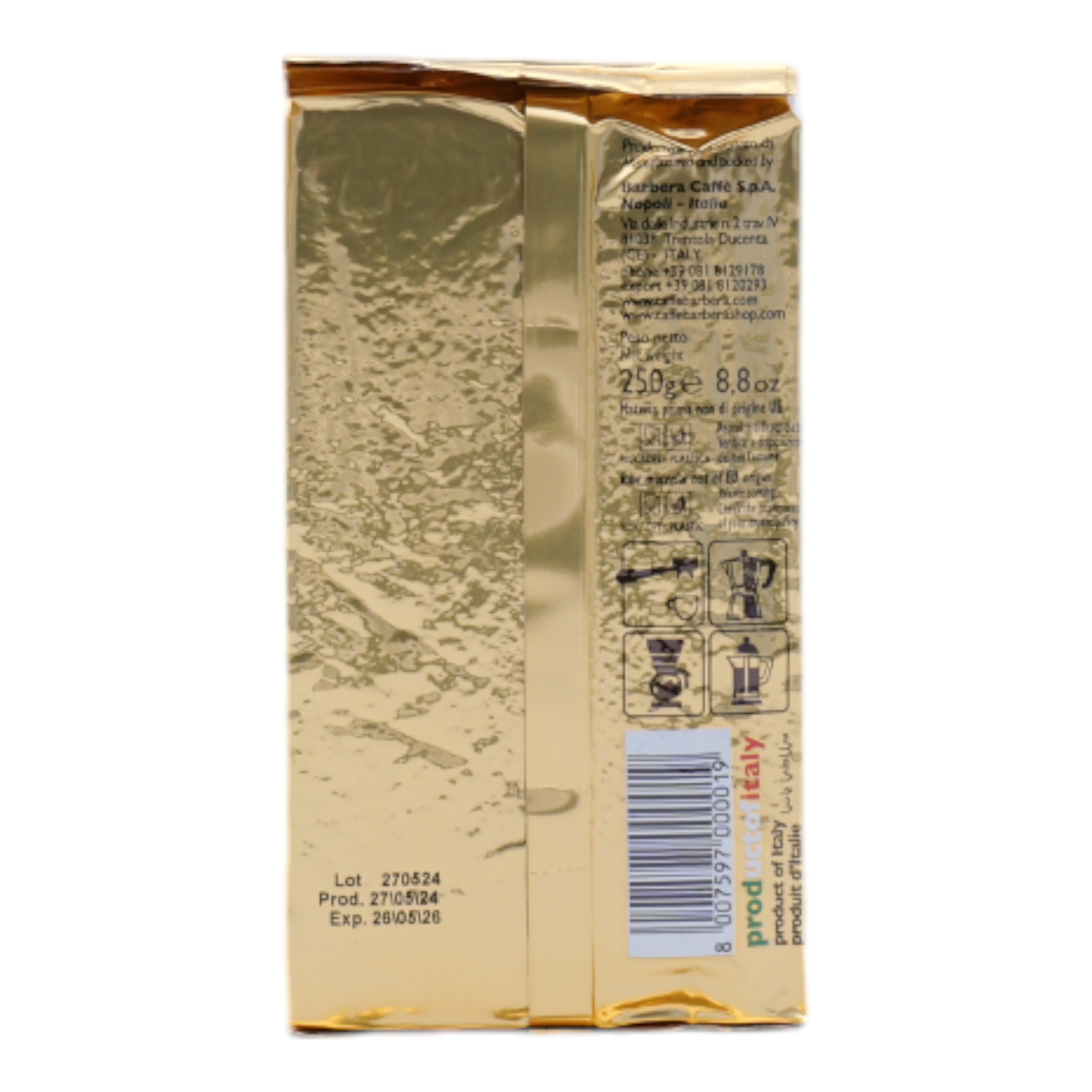 Goldene Kaffeeverpackung mit Text und Barcode. Zeigt Markeninfo, Gewicht und Produktursprung.
