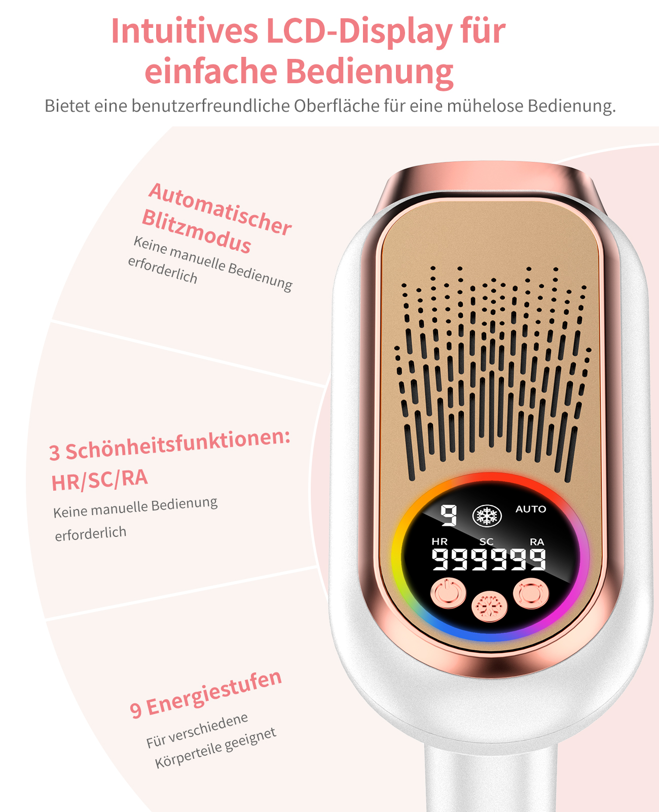 Ein weißes und goldenes IPL-Haarentfernungsgerät. Es hat einen LCD-Bildschirm mit Zahlen und Tasten. Text lautet '9 Energiestufen'.